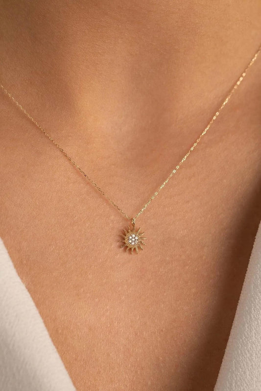 Gold Pendant Necklace, 14k Solid Gold Sun Pendant Necklace for Women, Dainty Circle Round Sunshine Necklace, Minimalist, Handmade Jewelry