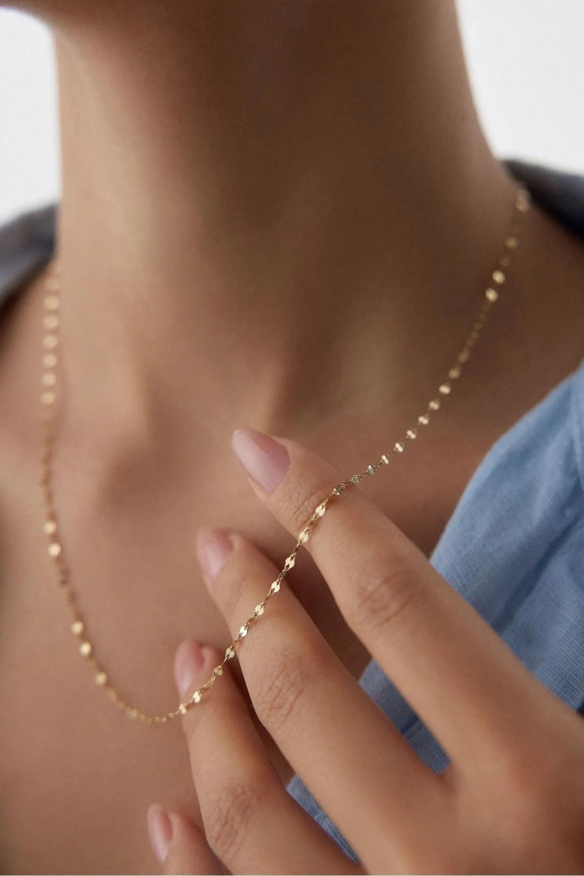 14K Solid Gold Sequin Necklace, 2mm Dainty Chain Choker, Delicate Sequin Necklace, Dainty Lace Thin Gold Charm, Gift For Her