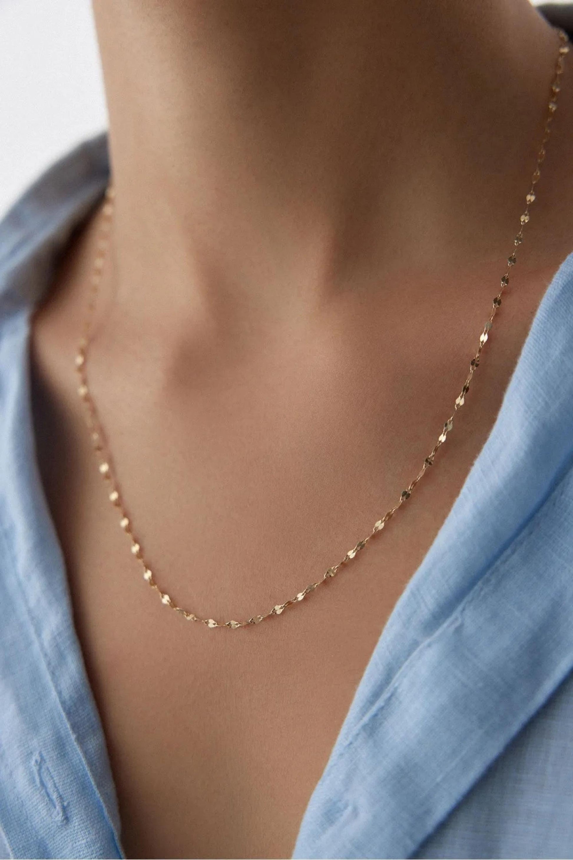 14K Solid Gold Sequin Necklace, 2mm Dainty Chain Choker, Delicate Sequin Necklace, Dainty Lace Thin Gold Charm, Gift For Her