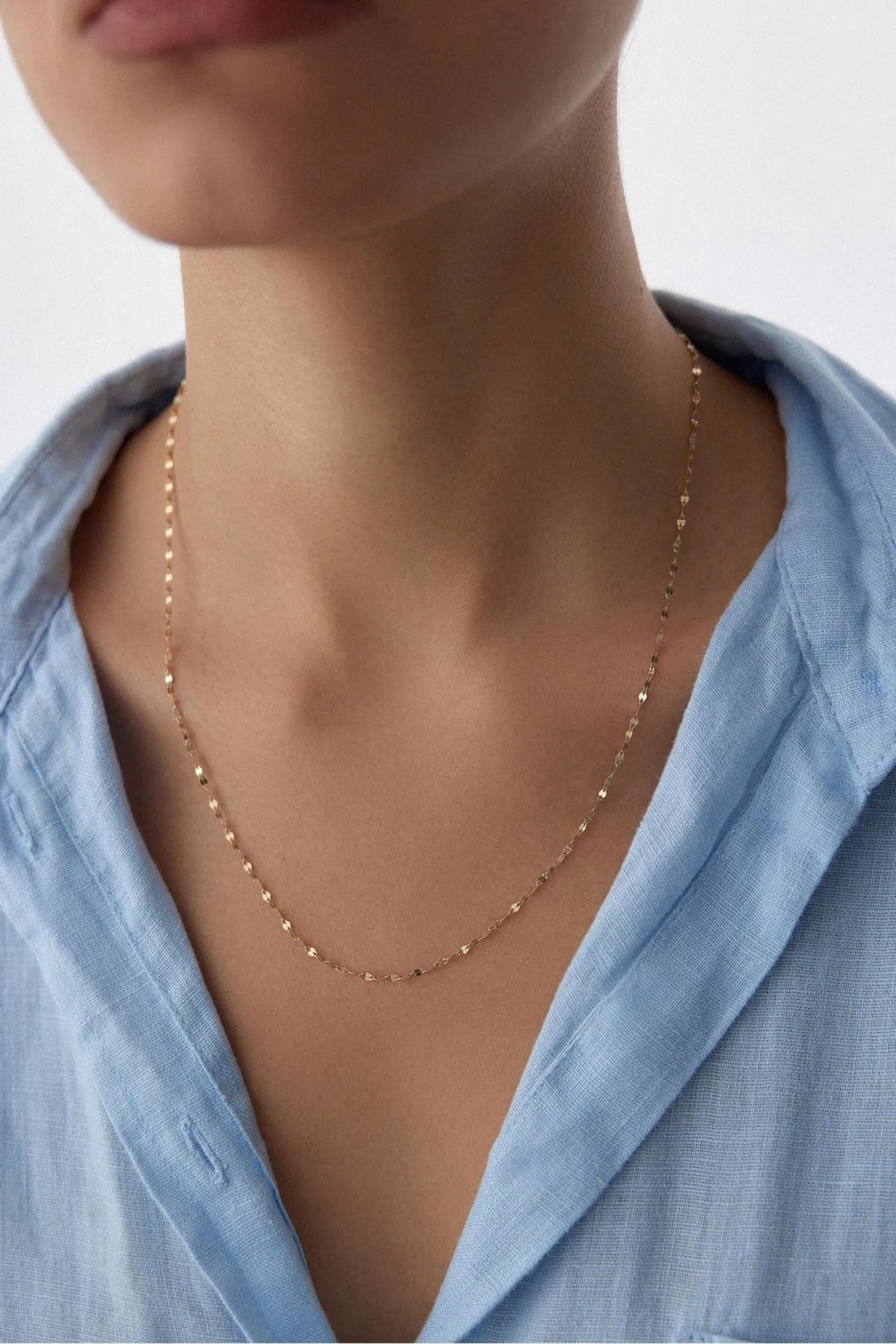 14K Solid Gold Sequin Necklace, 2mm Dainty Chain Choker, Delicate Sequin Necklace, Dainty Lace Thin Gold Charm, Gift For Her