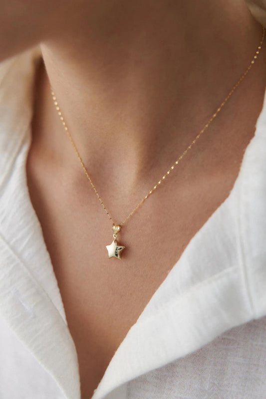 14K Gold Star Necklace for Women, Puffy Star Pendant Necklace, Solid Gold Star Charm, Celestial Jewelry, Dainty Gold Necklace Gift