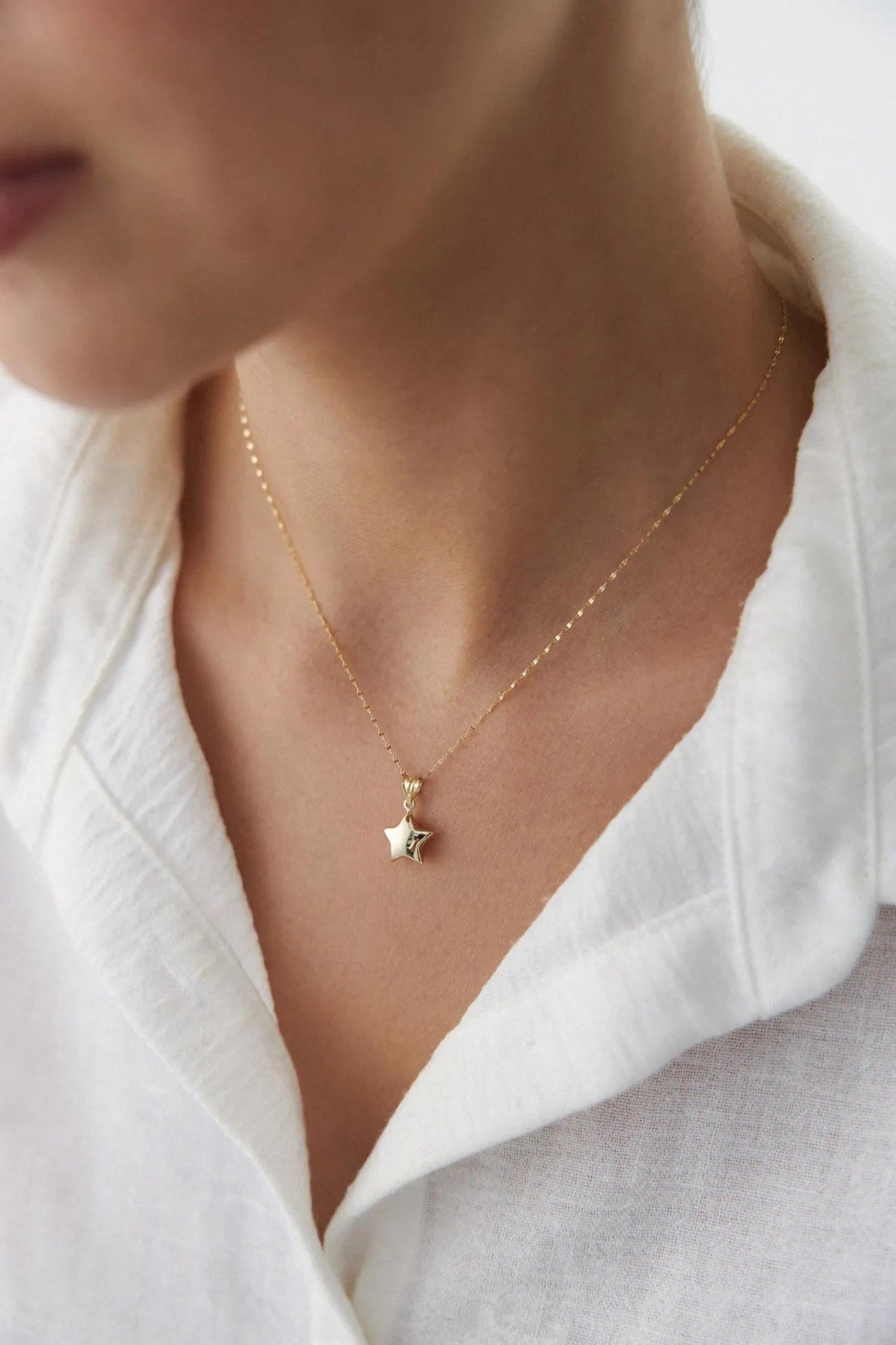 14K Gold Star Necklace for Women, Puffy Star Pendant Necklace, Solid Gold Star Charm, Celestial Jewelry, Dainty Gold Necklace Gift