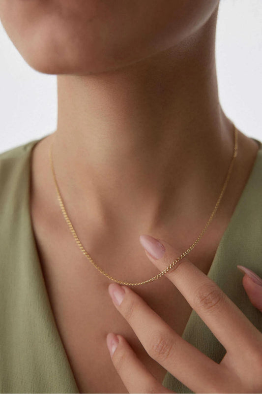 14K Gold Cuban Link Necklace, 2mm Dainty Curb Chain Necklace, Thin Solid Gold Link Chain, Minimalist Gold Necklace, Gift for Her