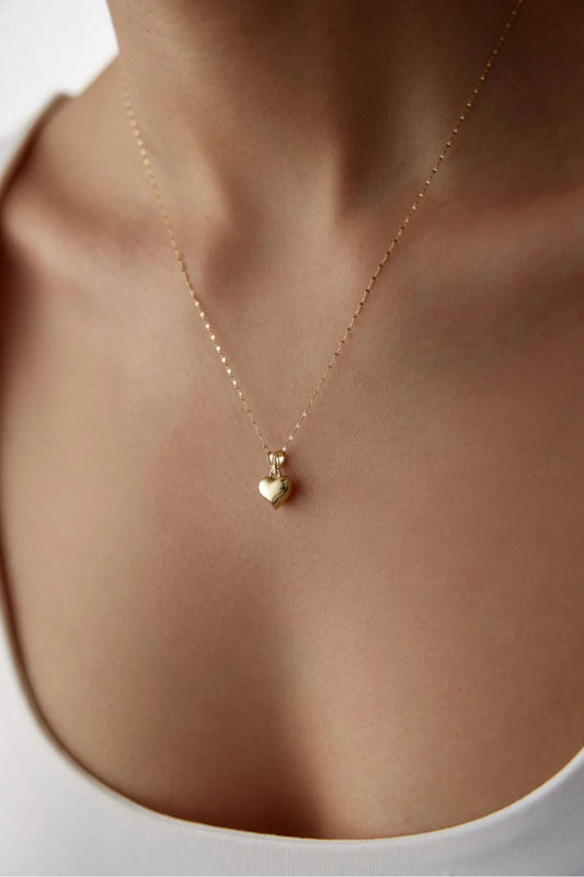 14K Gold Heart Necklace for Women, Puffed Heart Pendant Necklace, 14K Real Gold Heart Jewelry, Gold Love Necklace, Valentines Gift