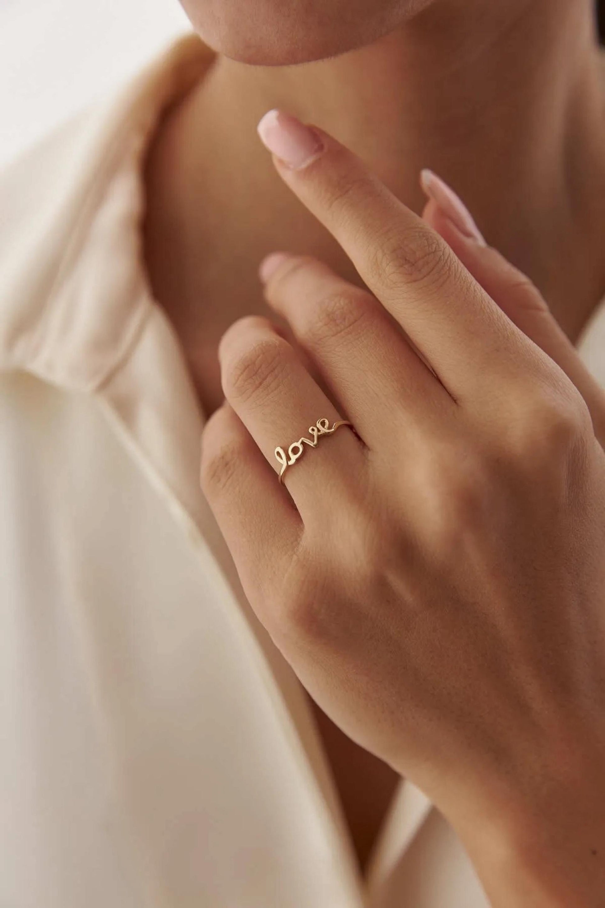Script Love Ring, 14K Solid Gold Stackable Ring, Minimalist Statement Ring, Dainty Cursive Letter Ring, Gift For Girlfriend, Birthday Gift