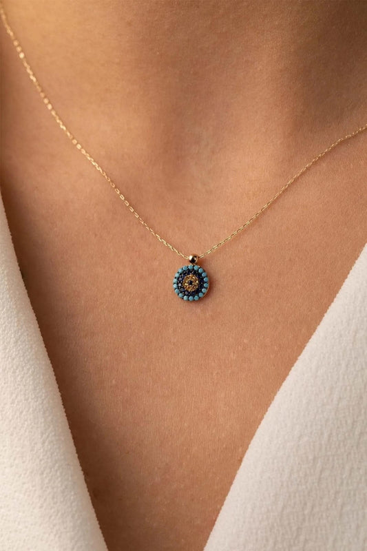 14K Gold Evil Eye Necklace, Protection Charm Necklace, Minimalist Hamsa Pendant for Women, Round Minimalist Evil Eye Pendant, Gift for Her