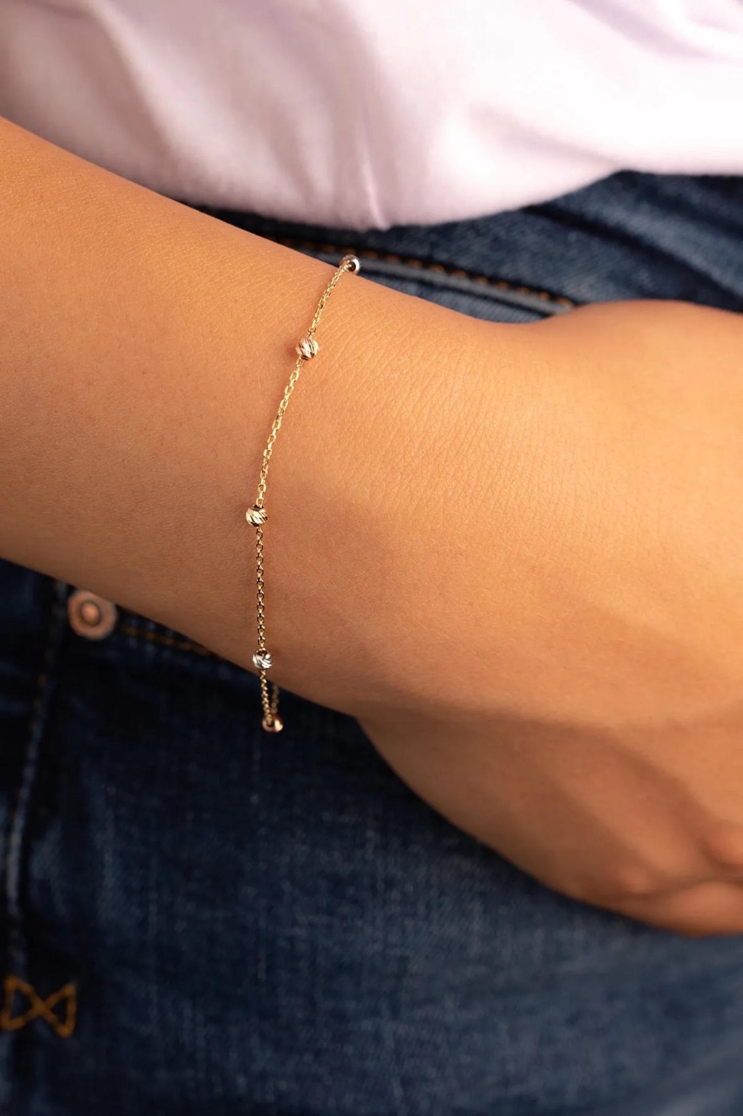 14K Gold Satellite Bracelet, 2mm Beaded Chain Bracelet, Dainty Tricolor Bracelet for Women, Minimalist Solid Gold, Gift for Her