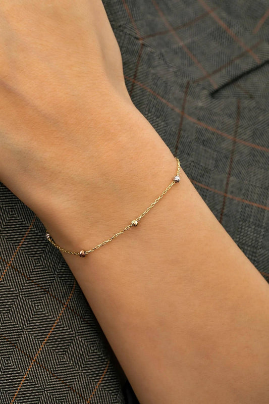 14K Gold Satellite Bracelet, 2mm Beaded Chain Bracelet, Dainty Tricolor Bracelet for Women, Minimalist Solid Gold, Gift for Her