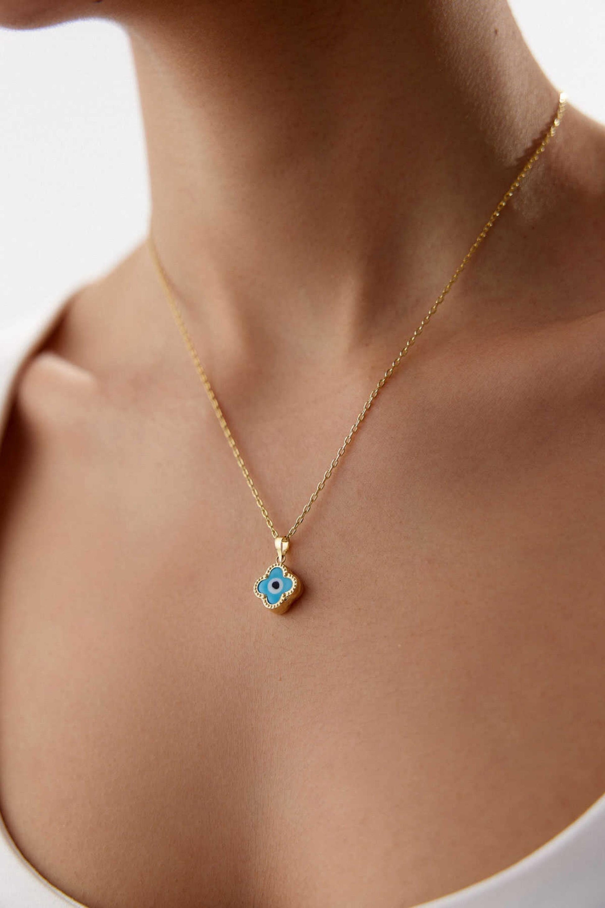 14K Gold Clover Evil Eye Necklace, Four Leaf Clover Pendant, Lucky Charm Necklace, Protection Jewelry, Dainty Gold Necklace, Gift for Her