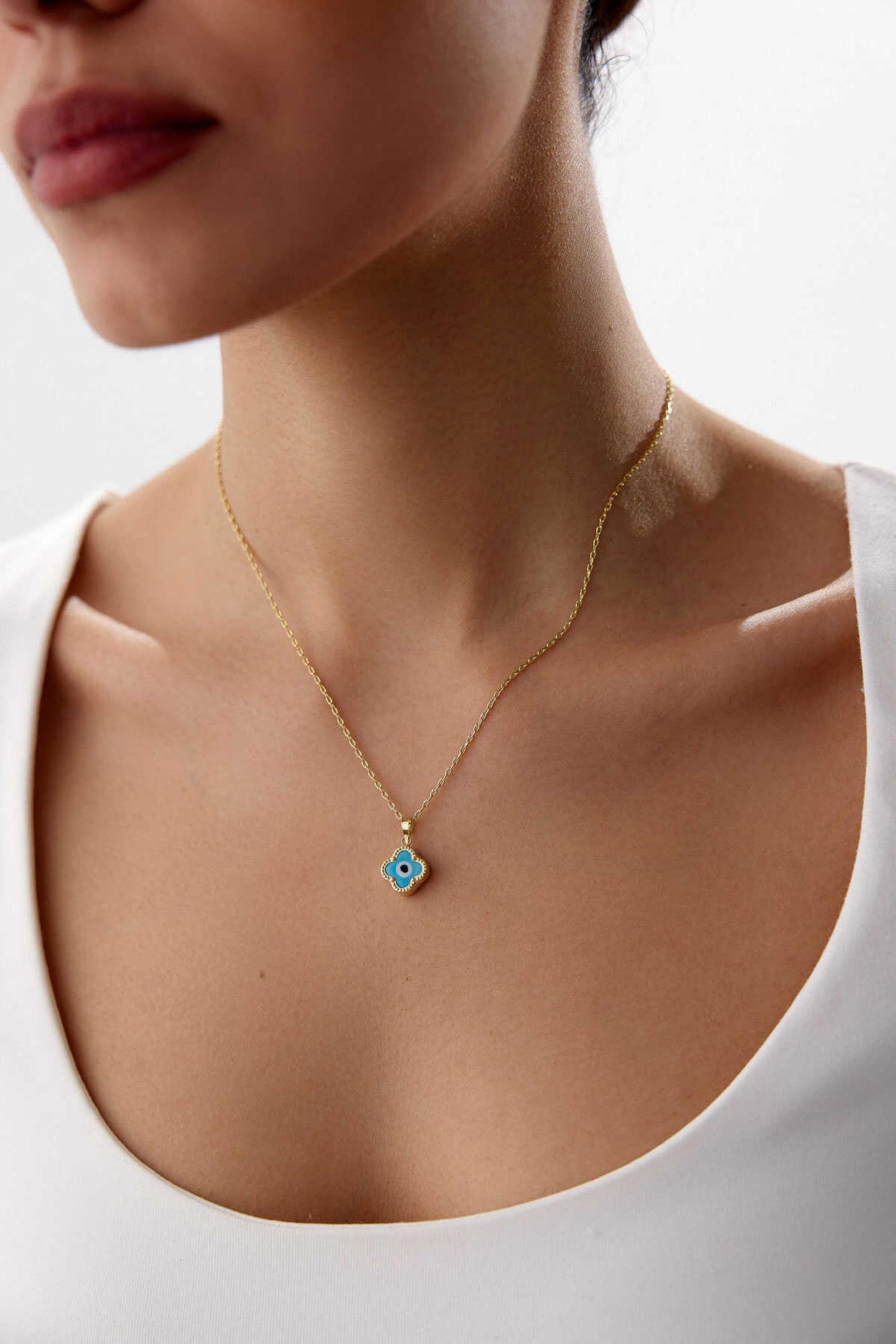 14K Gold Clover Evil Eye Necklace, Four Leaf Clover Pendant, Lucky Charm Necklace, Protection Jewelry, Dainty Gold Necklace, Gift for Her