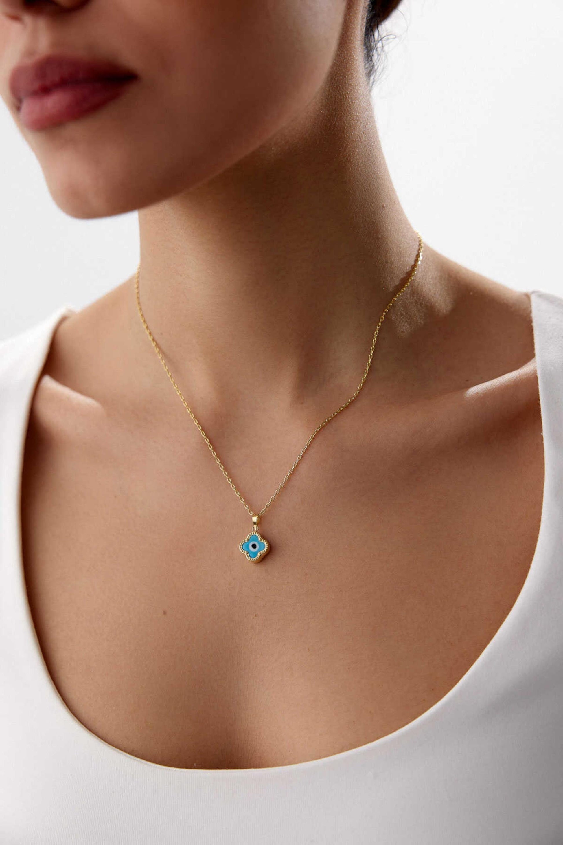 14K Gold Clover Evil Eye Necklace, Four Leaf Clover Pendant, Lucky Charm Necklace, Protection Jewelry, Dainty Gold Necklace, Gift for Her