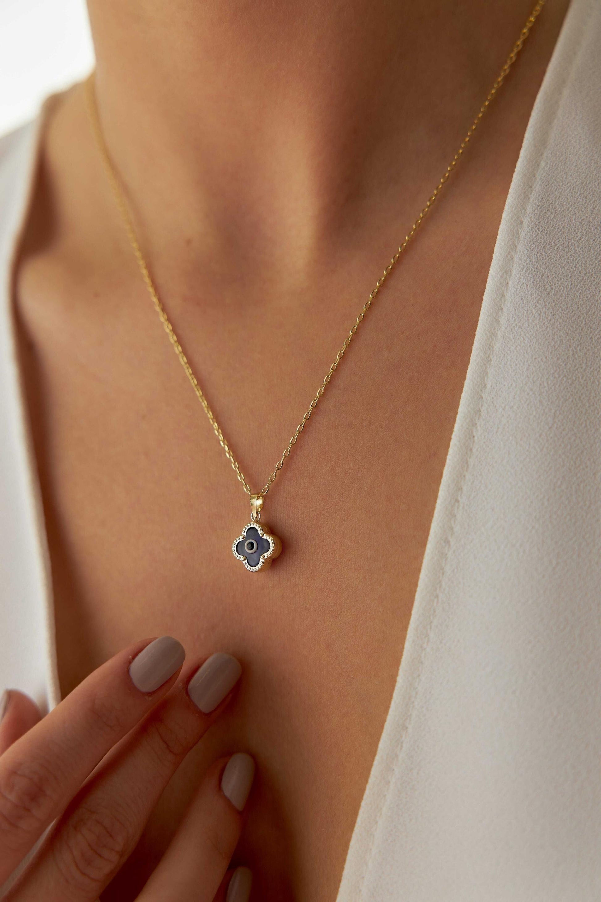 14K Gold Clover Evil Eye Necklace, Four Leaf Clover Pendant, Lucky Charm Necklace, Protection Jewelry, Dainty Gold Necklace, Gift for Her