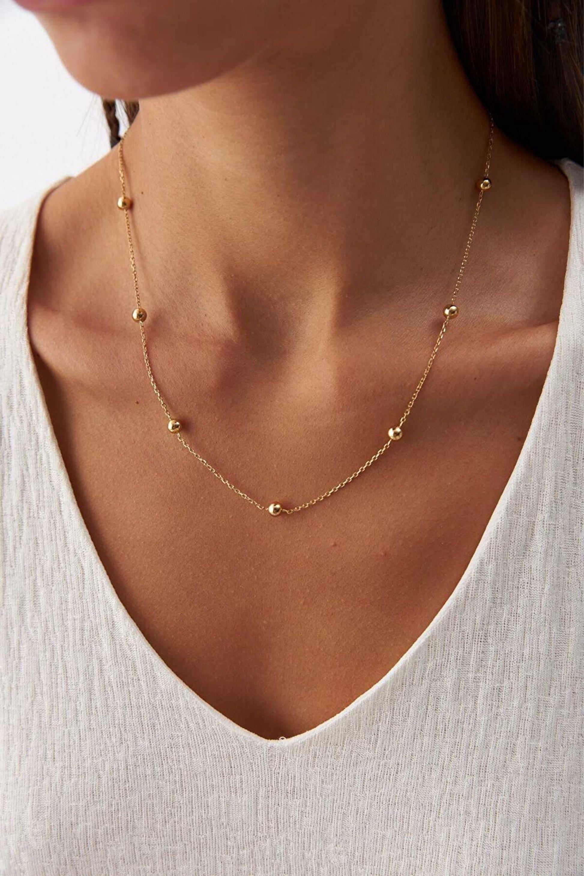 14K Gold Satellite Necklace, Dainty Beaded Chain Necklace, Minimalist Gold Necklace, Layering Necklace, Everyday Jewelry, Gift for Her