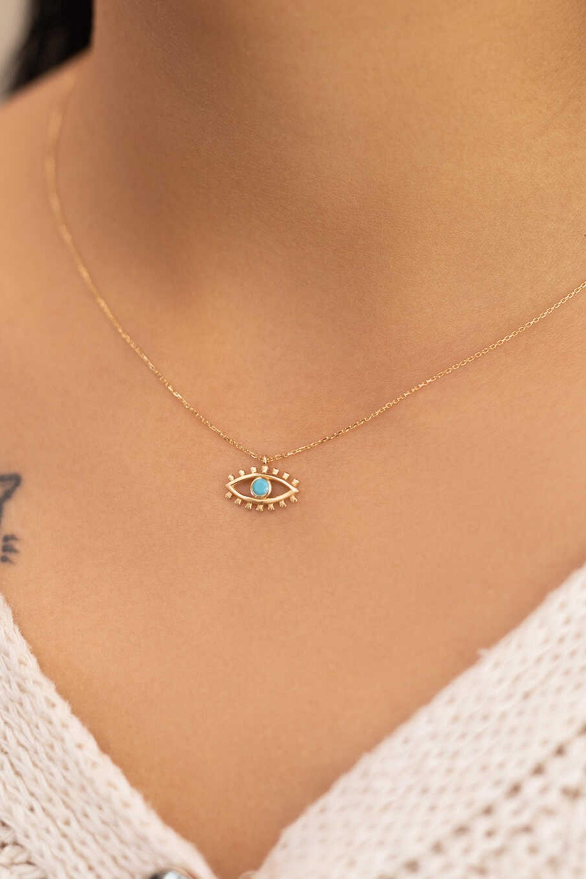 14K Gold Evil Eye Necklace, Dainty Blue Eye Pendant, Protection Necklace for Women, Gold Lucky Charm Necklace, Minimalist Jewelry Gift