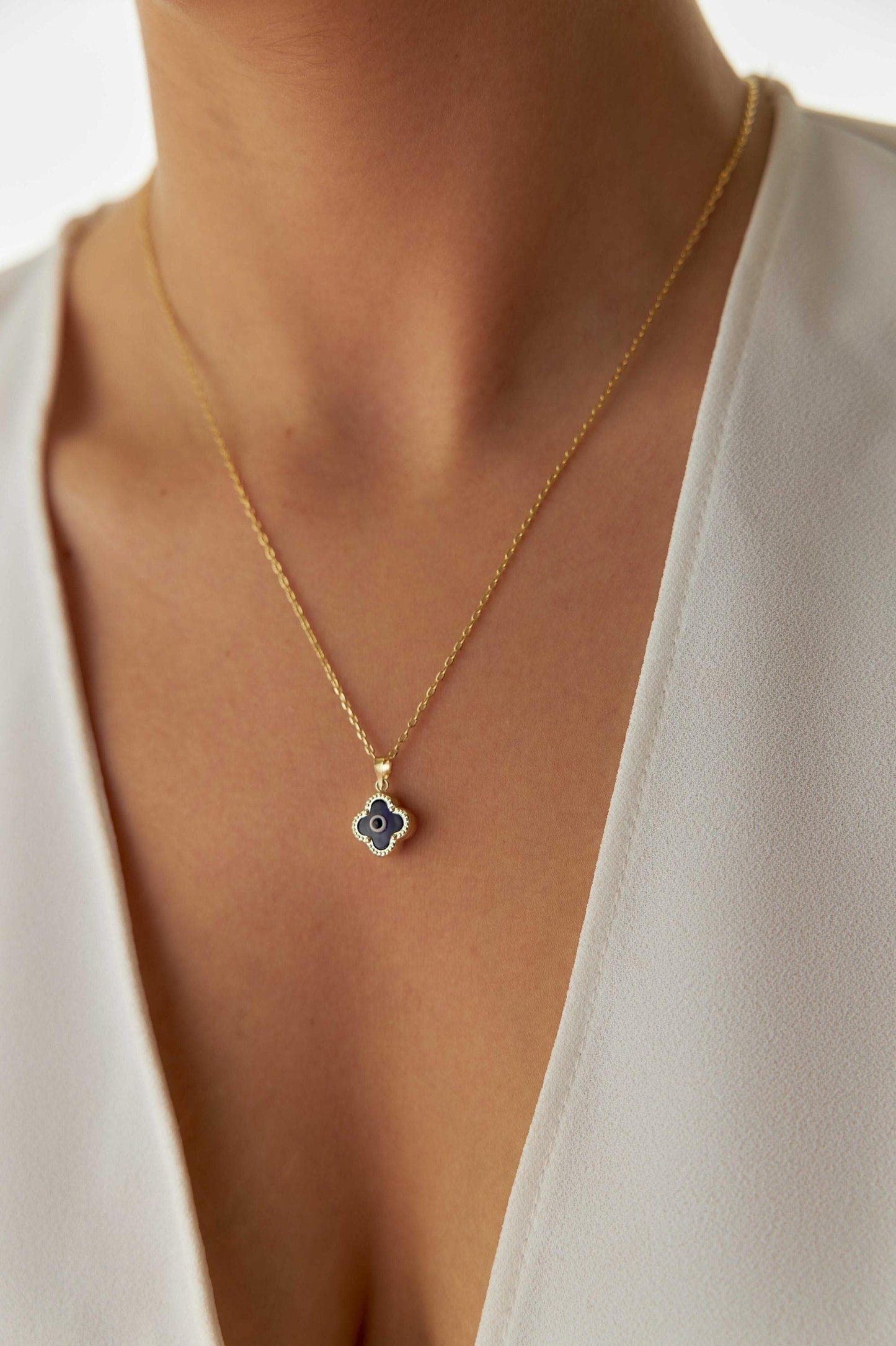 14K Gold Clover Evil Eye Necklace, Four Leaf Clover Pendant, Lucky Charm Necklace, Protection Jewelry, Dainty Gold Necklace, Gift for Her