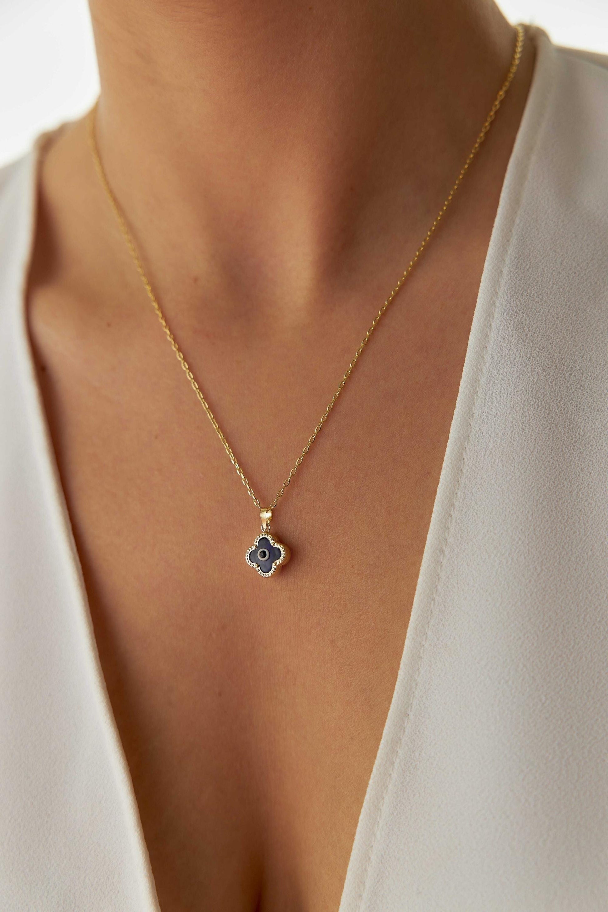 14K Gold Clover Evil Eye Necklace, Four Leaf Clover Pendant, Lucky Charm Necklace, Protection Jewelry, Dainty Gold Necklace, Gift for Her