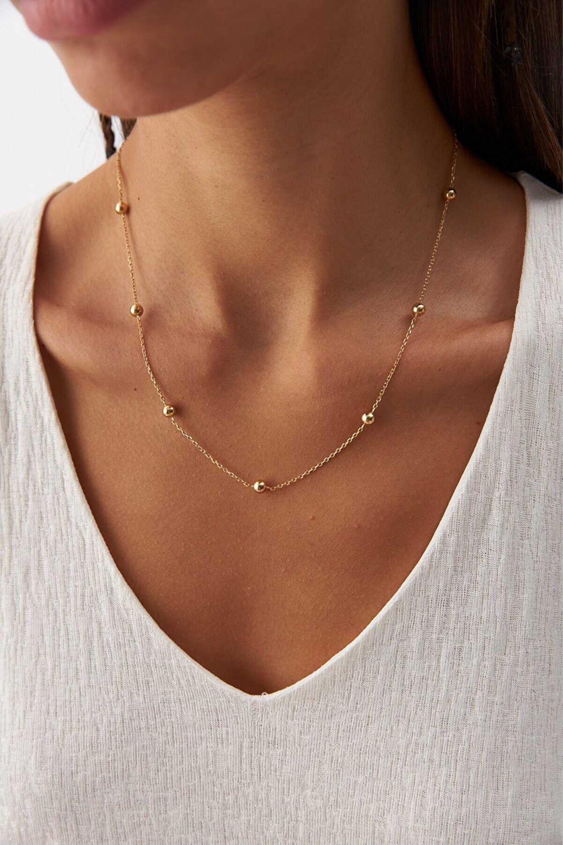 14K Gold Satellite Necklace, Dainty Beaded Chain Necklace, Minimalist Gold Necklace, Layering Necklace, Everyday Jewelry, Gift for Her