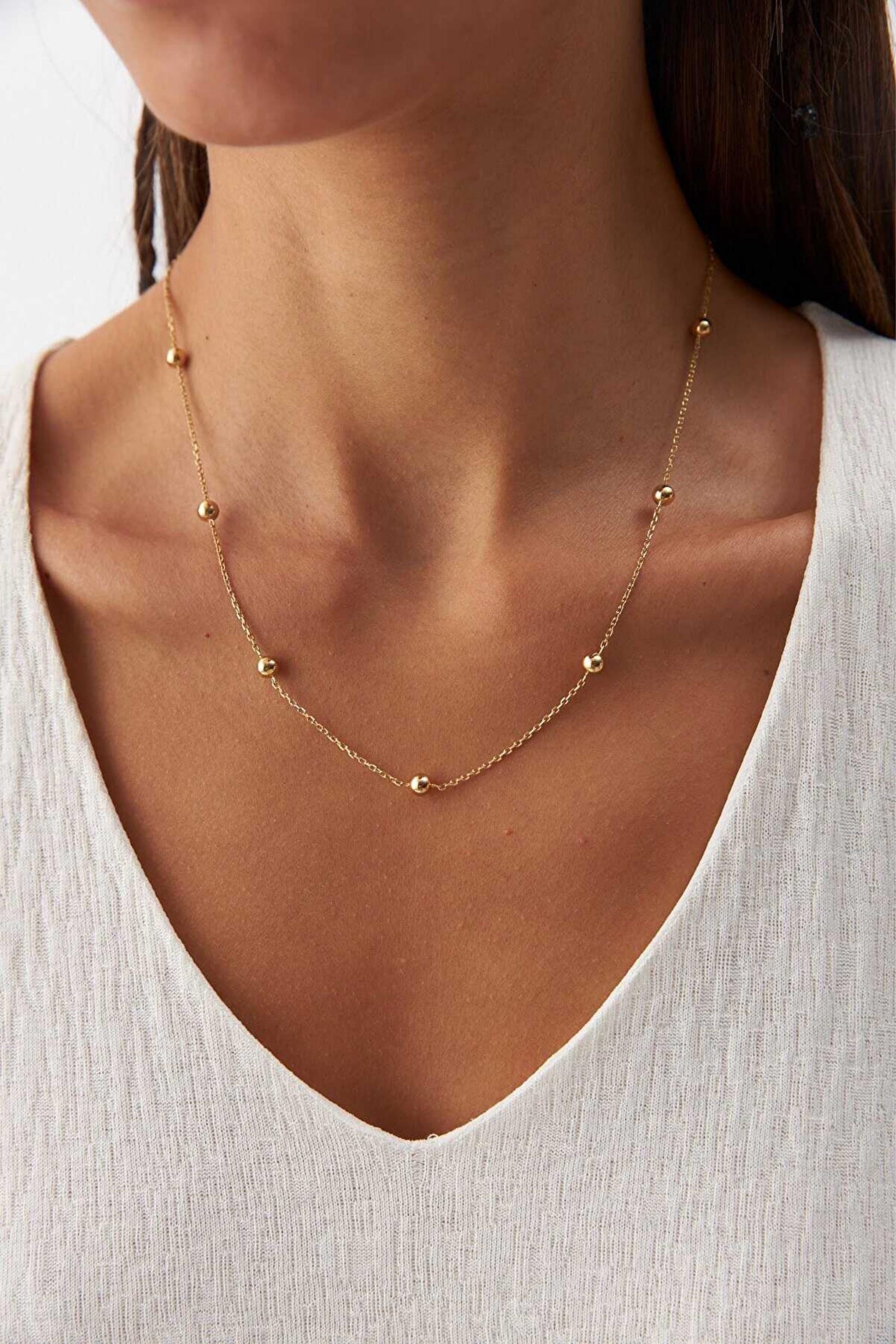 14K Gold Satellite Necklace, Dainty Beaded Chain Necklace, Minimalist Gold Necklace, Layering Necklace, Everyday Jewelry, Gift for Her