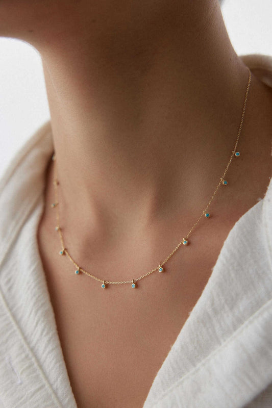 14K Gold Turquoise Dangle Necklace, Evil Eye Inspired Beaded Chain, Dainty Gold Satellite Necklace, Minimalist Necklace, Gift for Her