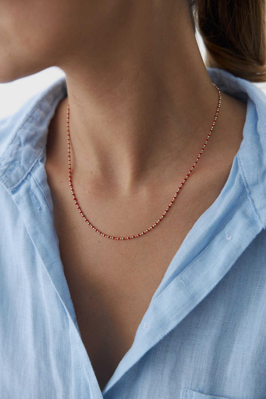 14K Gold Bead Necklace, Red Bead Necklace Stack, Layering Colorful Chain Ball Necklace, Bold Gold Necklace, Chained Beaded Necklace