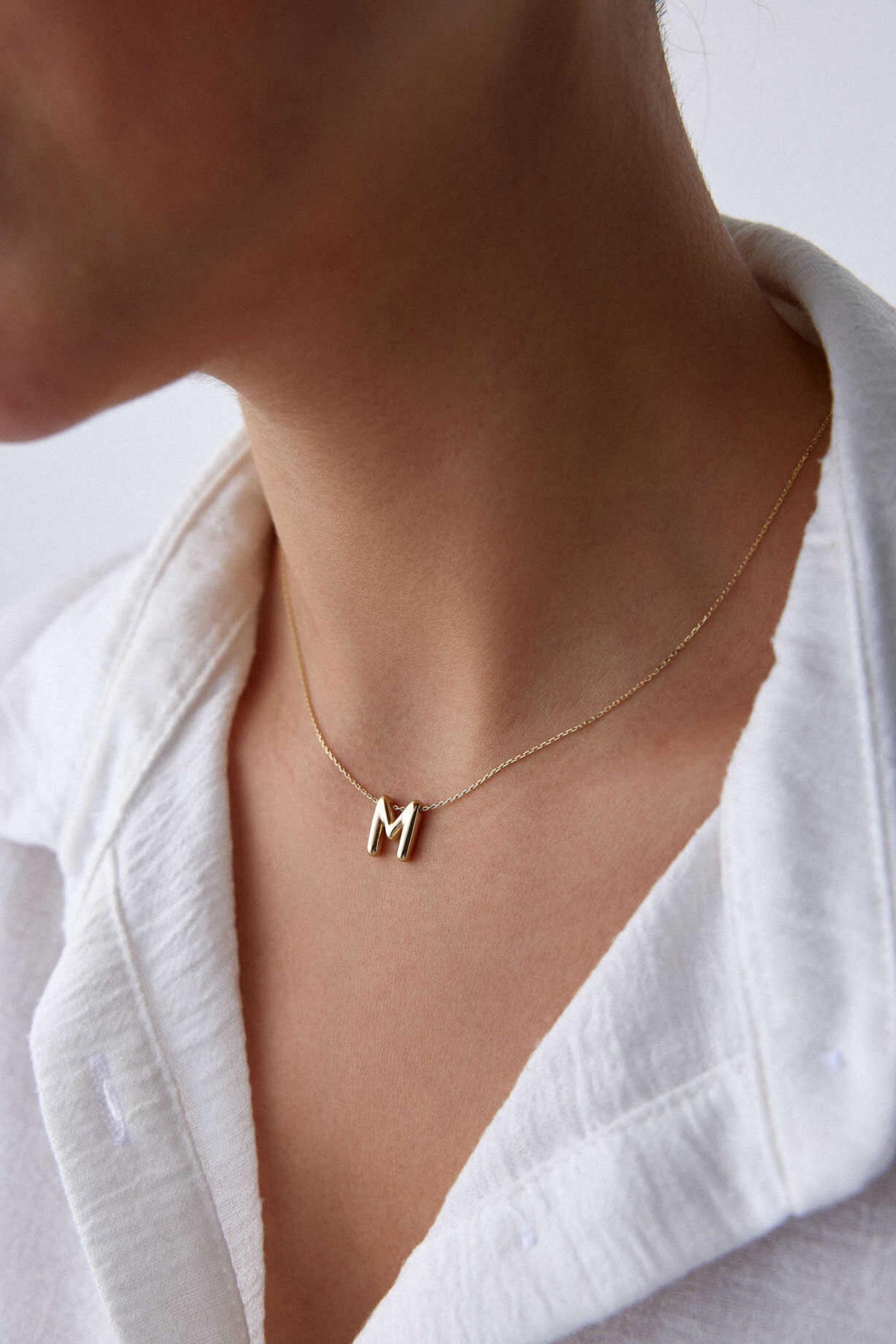 14K Gold Initial Necklace, Puff Letter Pendant, Balloon Letter Necklace, Tiny Letter Charm, Personalized Name Necklace, Gift For Her