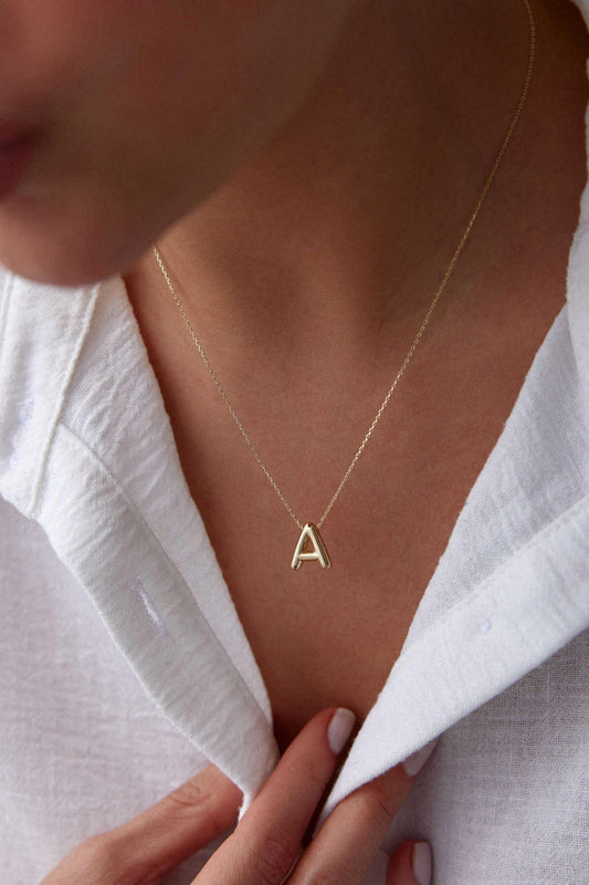14K Gold Initial Necklace, Puff Letter Pendant, Balloon Letter Necklace, Tiny Letter Charm, Personalized Name Necklace, Gift For Her