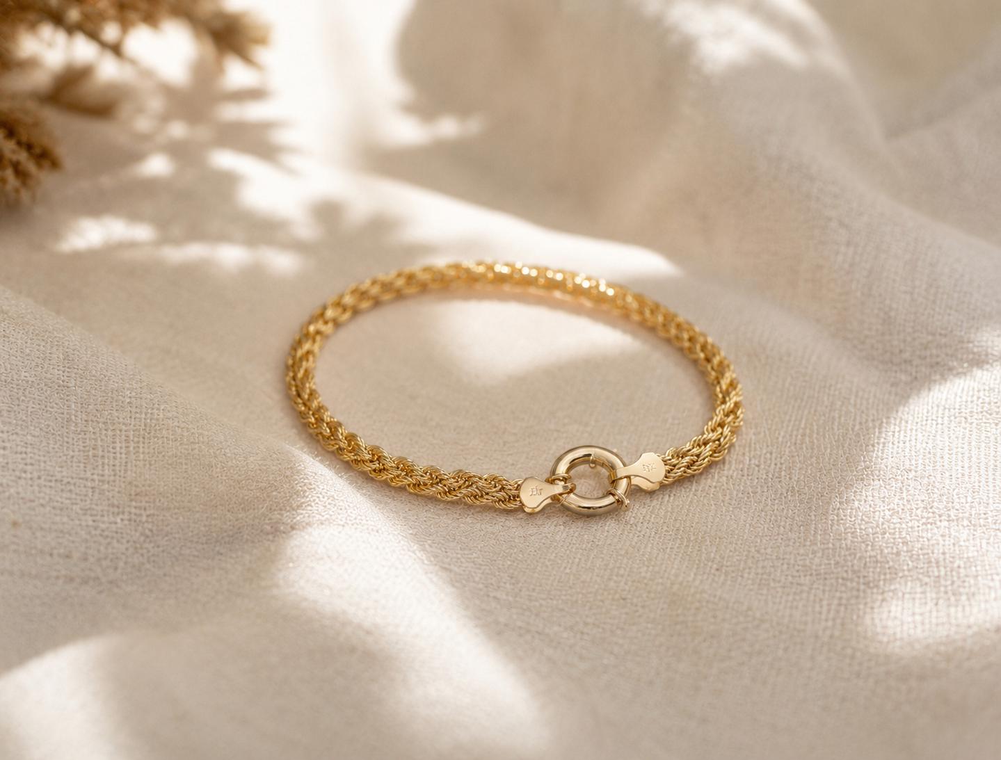14K Gold Rope Chain Bracelet, Twisted Chain Bracelet, 4.5 mm Chain Bracelet, Sailor Clasp Rope Chain, Unisex Braided Stacking Delicate Chain