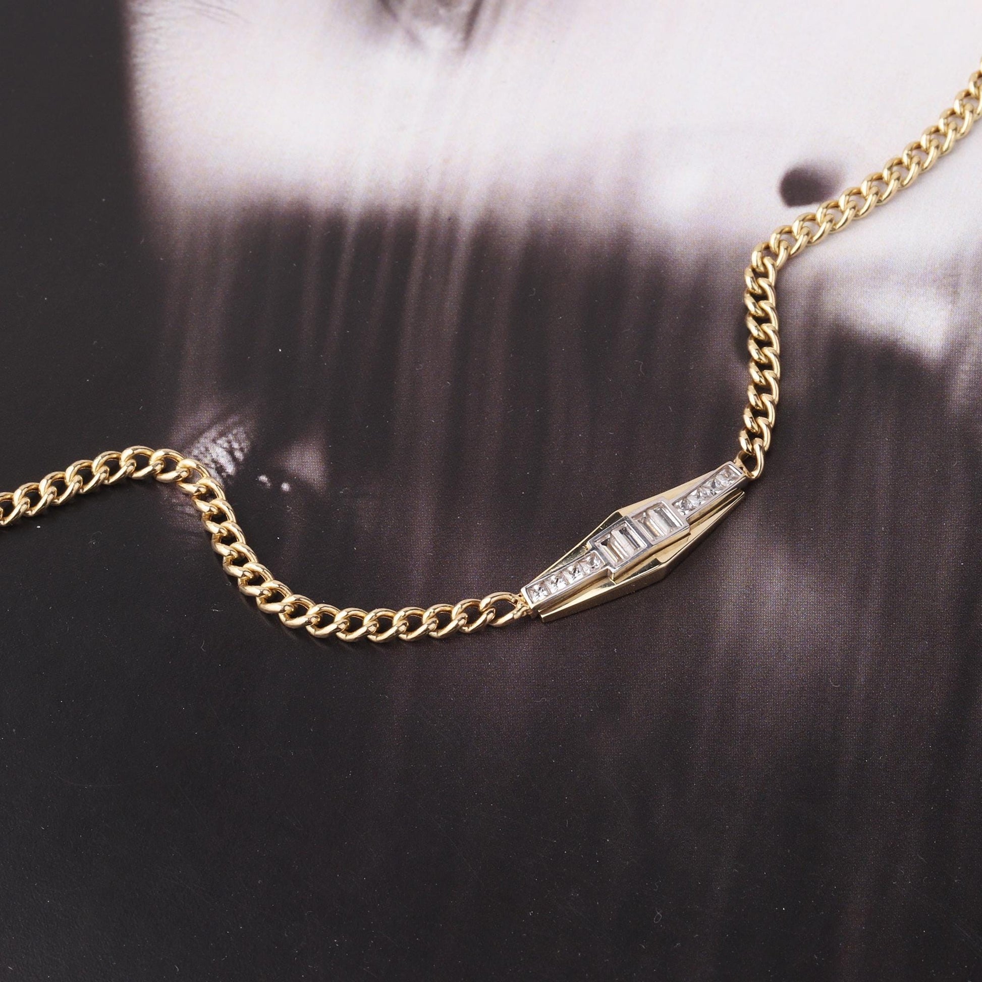 14K Gold Baguette Bar Necklace, Cuban Chain Modern Geometric Pendant, Minimalist Necklace, Dainty Everyday Jewelry, Luxury Gift for Her