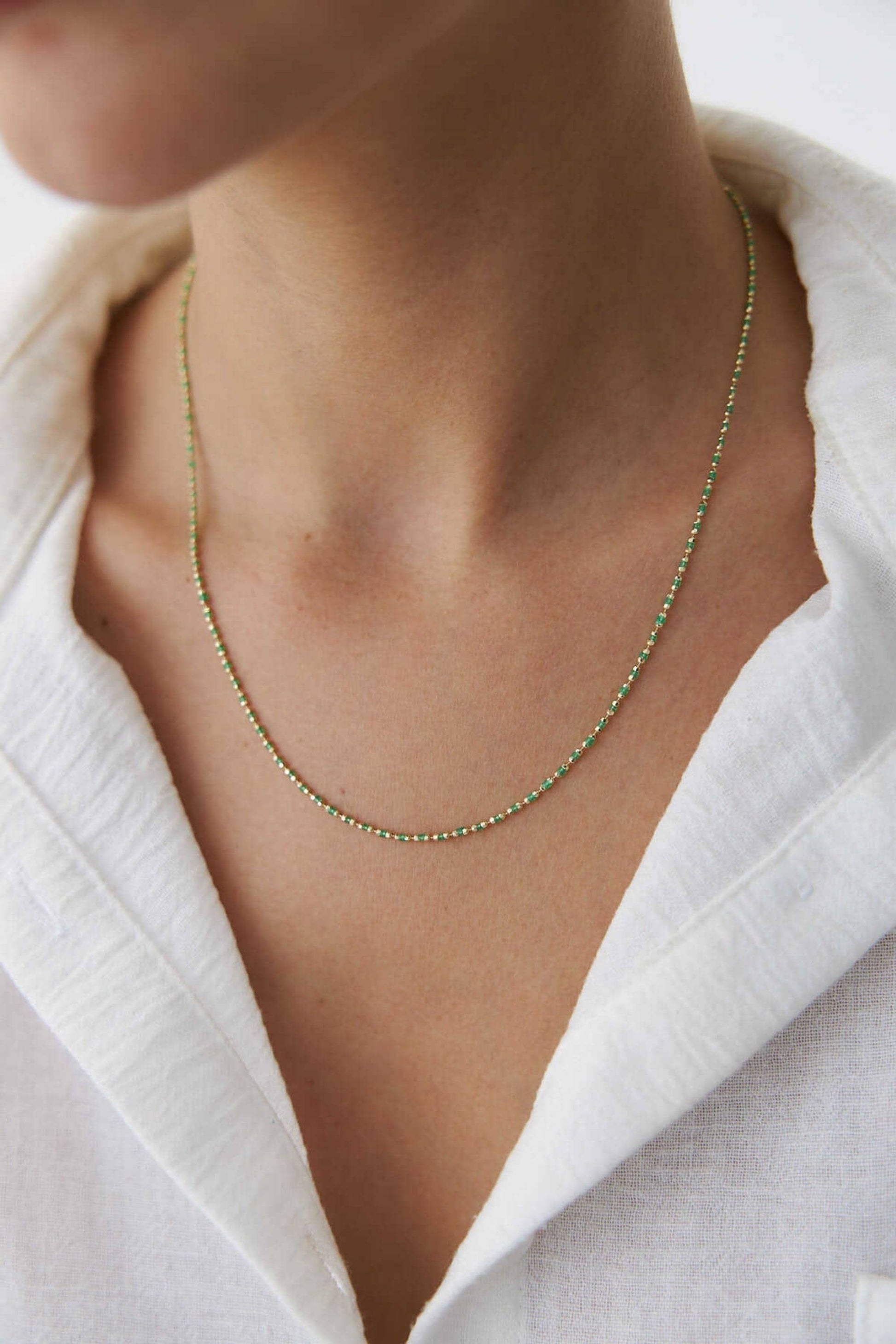 14K Gold Bead Necklace, Green Bead Necklace Stack, Layering Colorful Chain Ball Necklace, Bold Gold Necklace, Chained Beaded Necklace