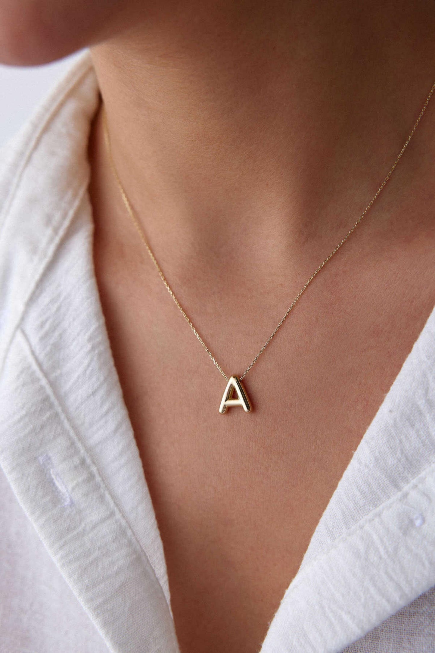 14K Gold Initial Necklace, Puff Letter Pendant, Balloon Letter Necklace, Tiny Letter Charm, Personalized Name Necklace, Gift For Her