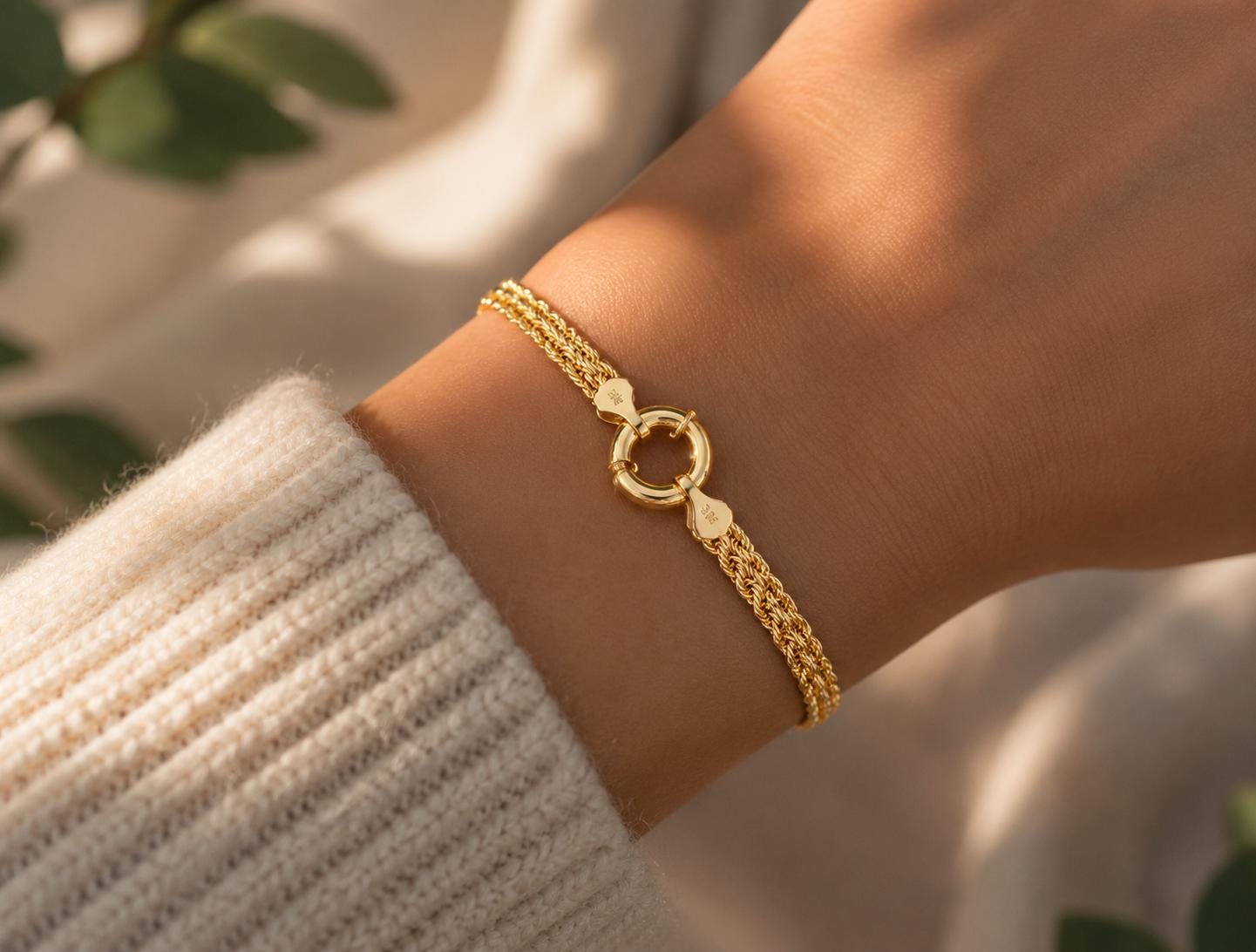 14K Gold Rope Chain Bracelet, Twisted Chain Bracelet, 4.5 mm Chain Bracelet, Sailor Clasp Rope Chain, Unisex Braided Stacking Delicate Chain