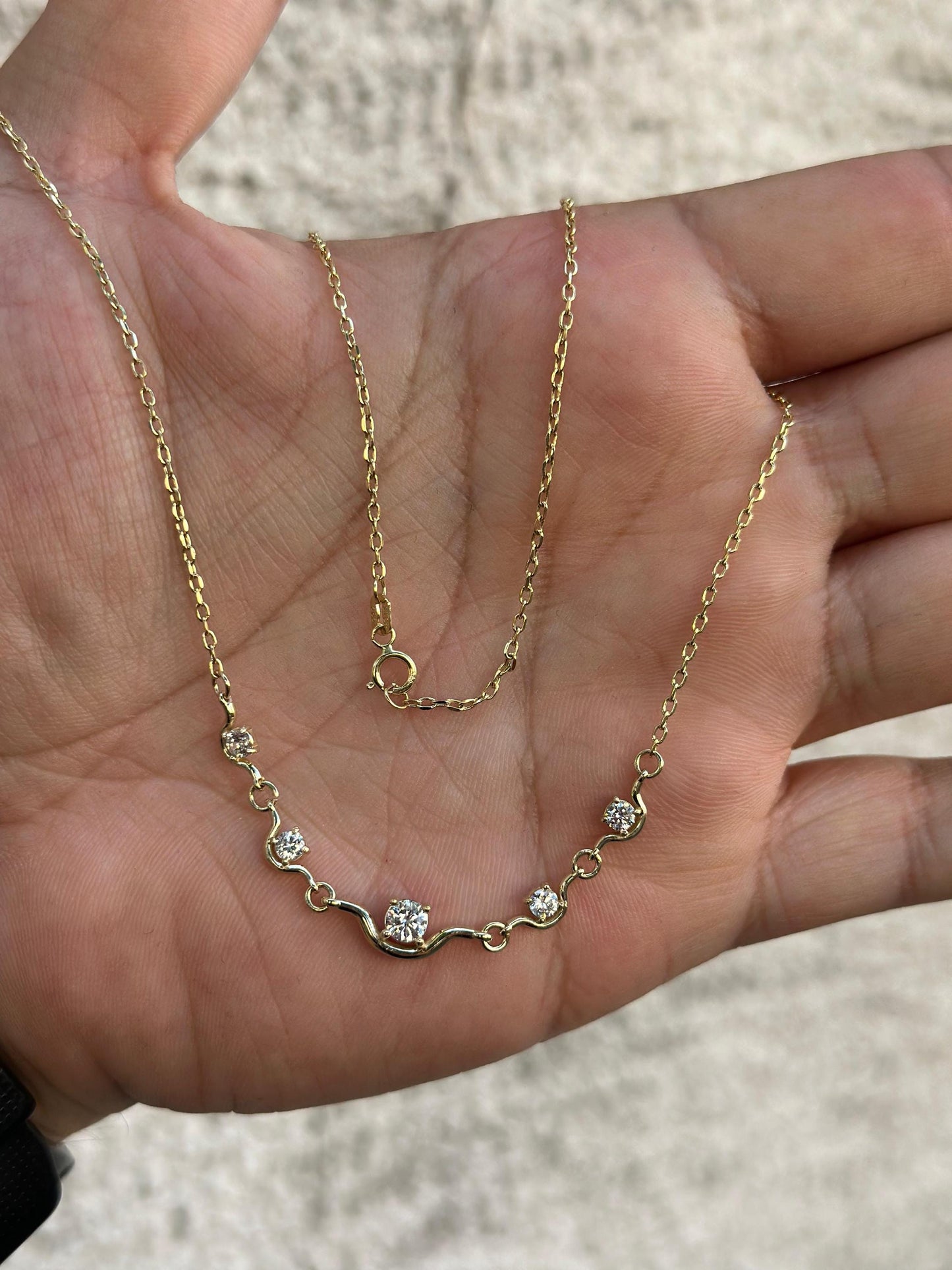 14K Gold Station Necklace, Dainty CZ Bar Necklace, Minimalist Gold Necklace, Curved Five Stone Pendant, Layering Necklace, Bridesmaid Gift