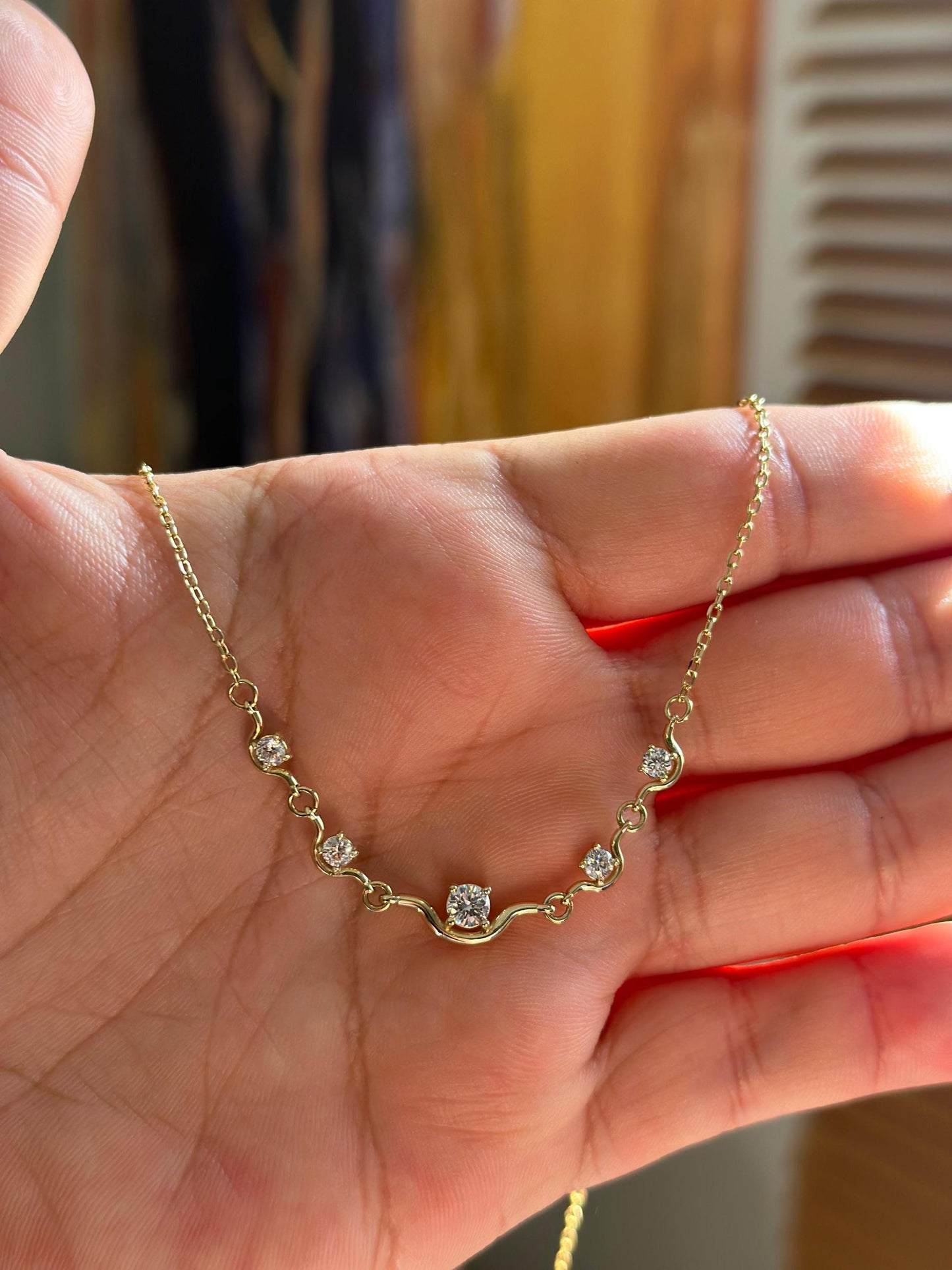 14K Gold Station Necklace, Dainty CZ Bar Necklace, Minimalist Gold Necklace, Curved Five Stone Pendant, Layering Necklace, Bridesmaid Gift