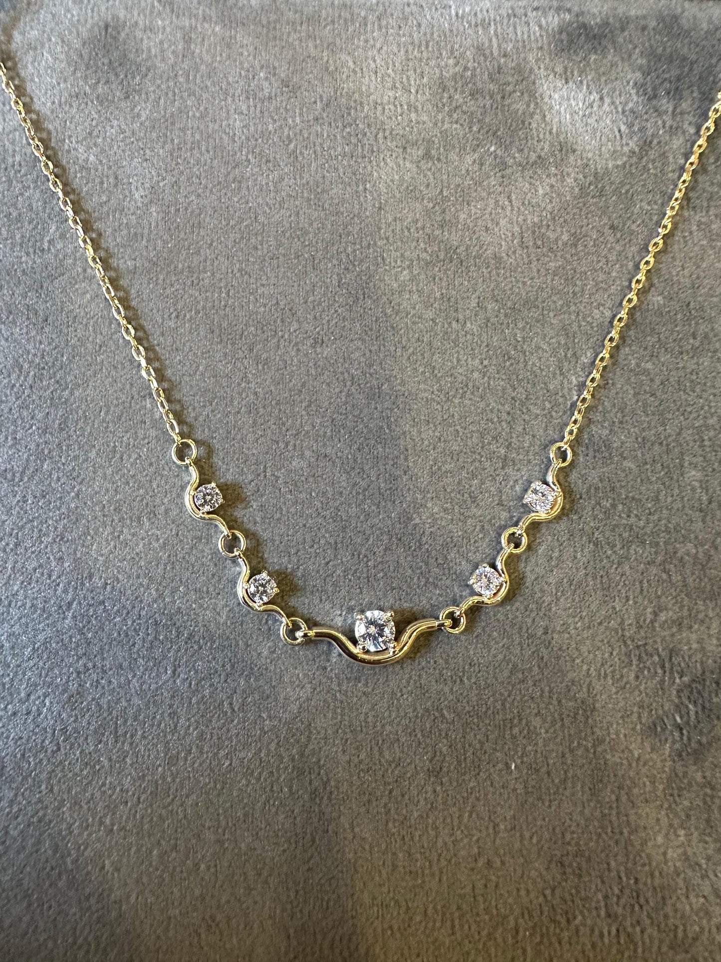 14K Gold Station Necklace, Dainty CZ Bar Necklace, Minimalist Gold Necklace, Curved Five Stone Pendant, Layering Necklace, Bridesmaid Gift