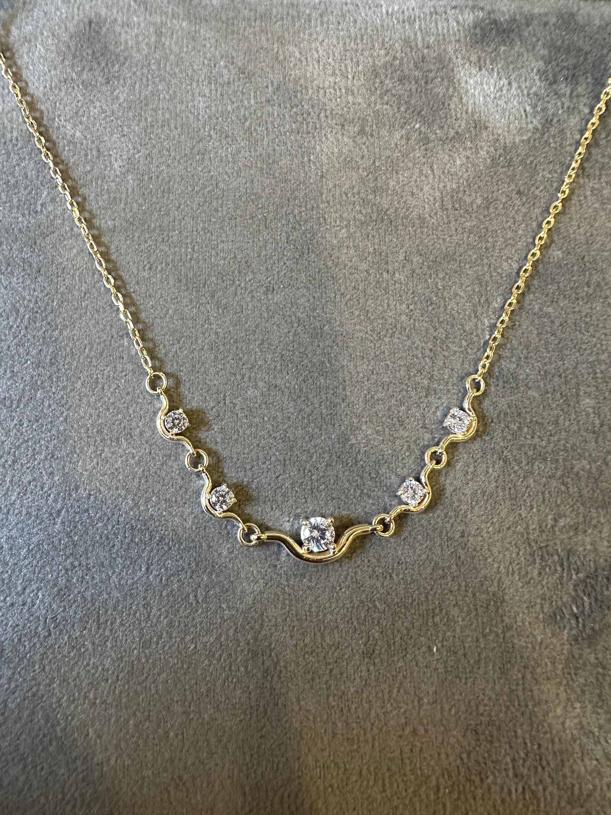 14K Gold Station Necklace, Dainty CZ Bar Necklace, Minimalist Gold Necklace, Curved Five Stone Pendant, Layering Necklace, Bridesmaid Gift
