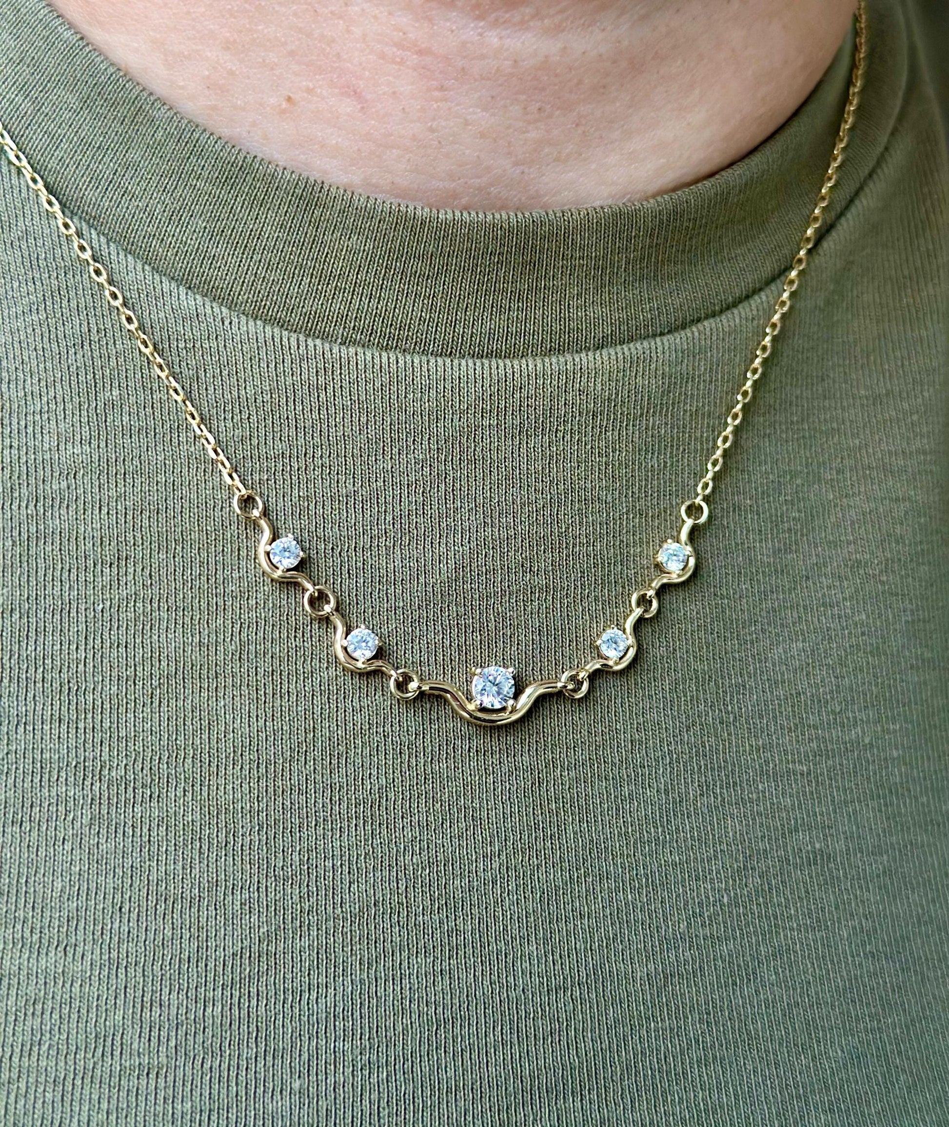 14K Gold Station Necklace, Dainty CZ Bar Necklace, Minimalist Gold Necklace, Curved Five Stone Pendant, Layering Necklace, Bridesmaid Gift