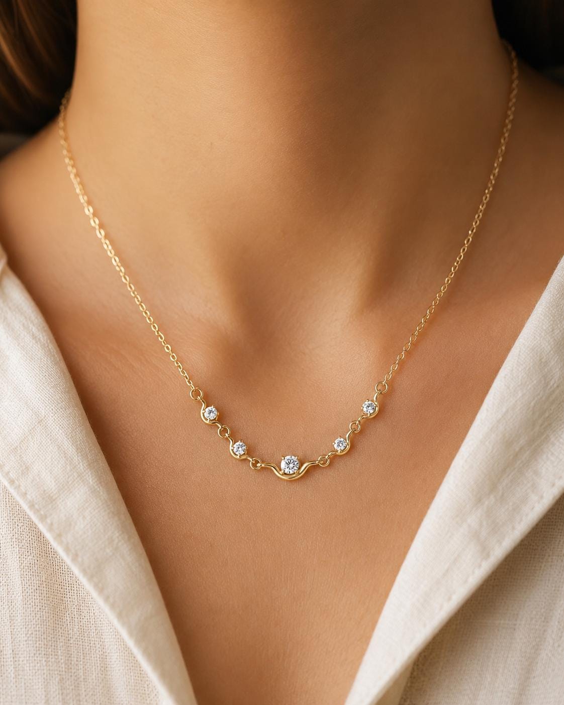 14K Gold Station Necklace, Dainty CZ Bar Necklace, Minimalist Gold Necklace, Curved Five Stone Pendant, Layering Necklace, Bridesmaid Gift