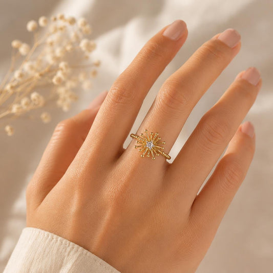 14K Gold Starburst Ring, Celestial Gold Band Ring, Minimalist Gold Ring, Stacking Ring, Lucky Star Ring, Starburst Ring, Gift For Her