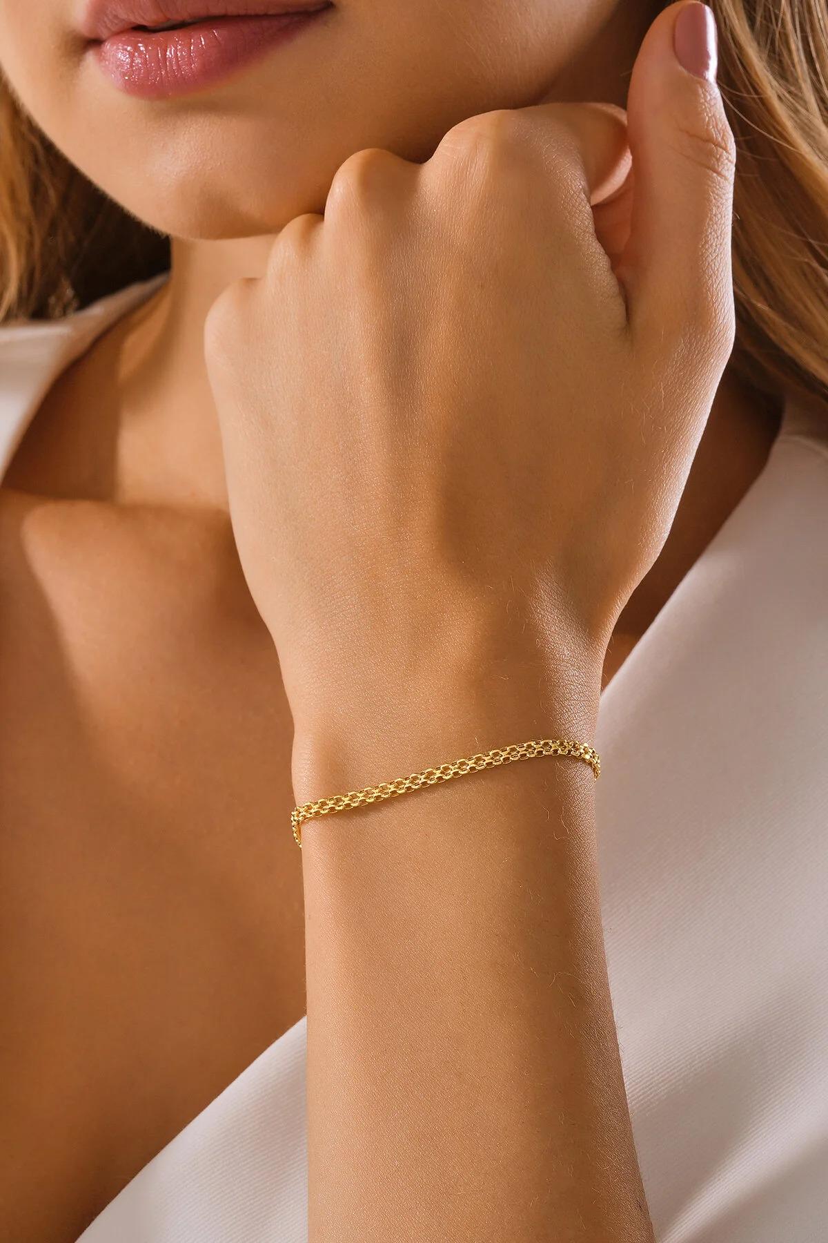 14K Gold Bismark Chain Bracelet, 2.5mm Italian Gold Link Bracelet, Dainty Stacking Bracelet, Minimalist Everyday Gold Jewelry