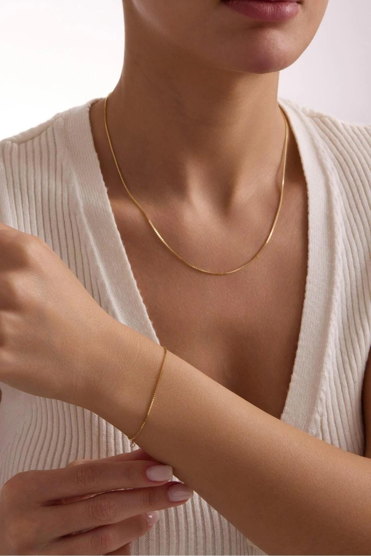 14K Gold Box Chain Necklace, 0.7mm Dainty Gold Chain, Minimalist Fine Jewelry, Unisex Chain 16 18 20 22 24 Inch, Yellow White Rose Gold
