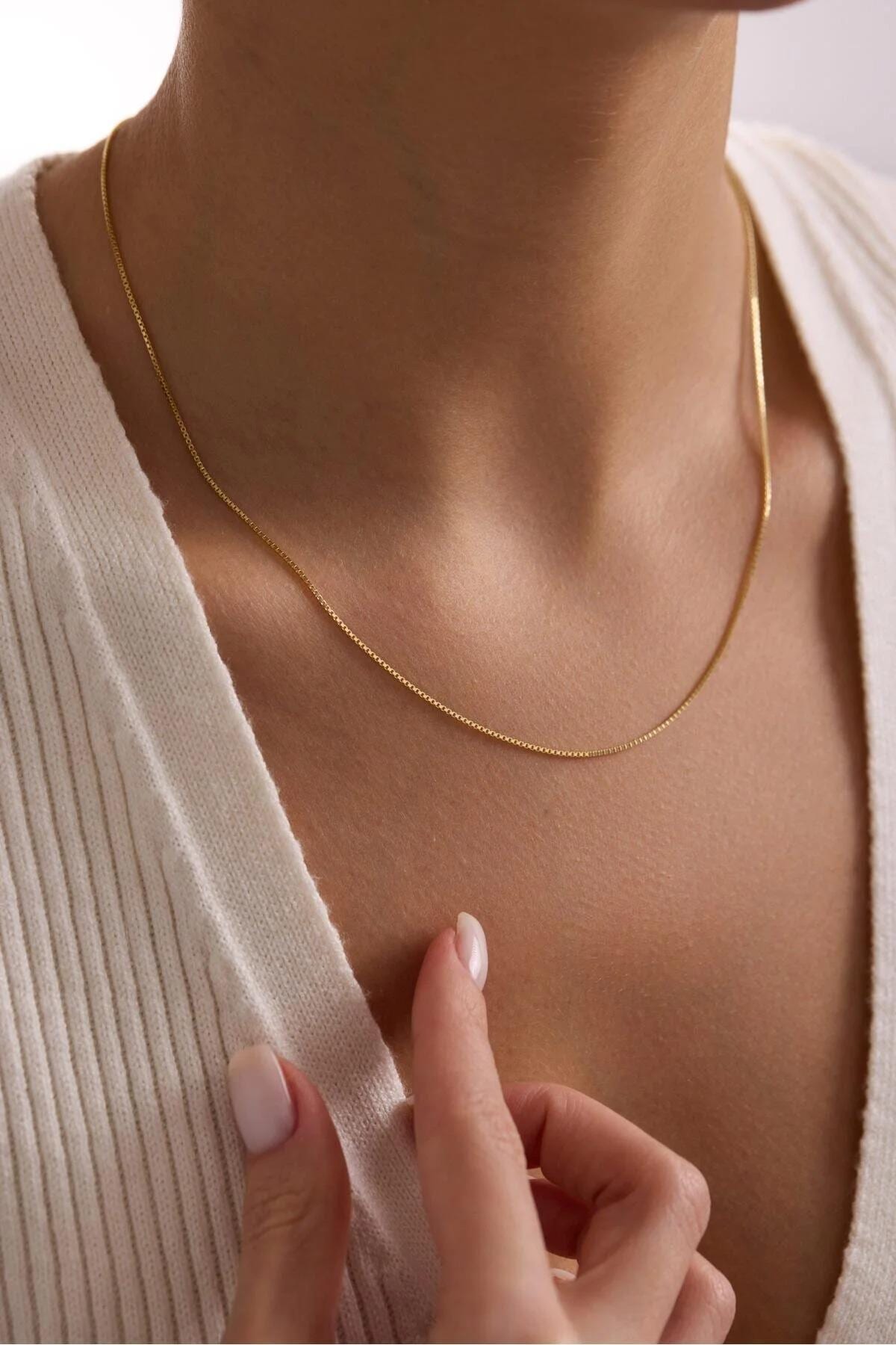 14K Gold Box Chain Necklace, 0.7mm Dainty Gold Chain, Minimalist Fine Jewelry, Unisex Chain 16 18 20 22 24 Inch, Yellow White Rose Gold