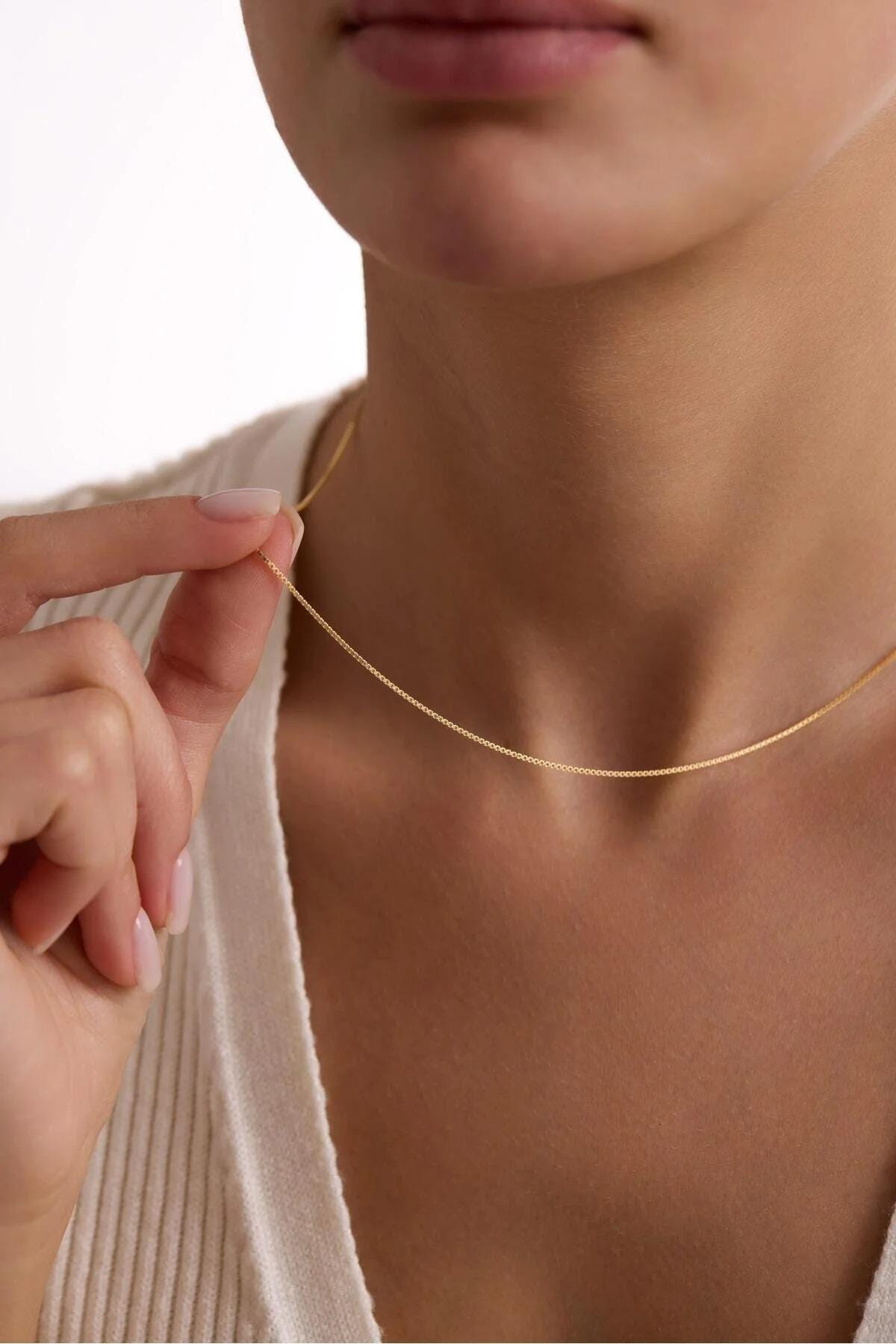 14K Gold Box Chain Necklace, 0.7mm Dainty Gold Chain, Minimalist Fine Jewelry, Unisex Chain 16 18 20 22 24 Inch, Yellow White Rose Gold