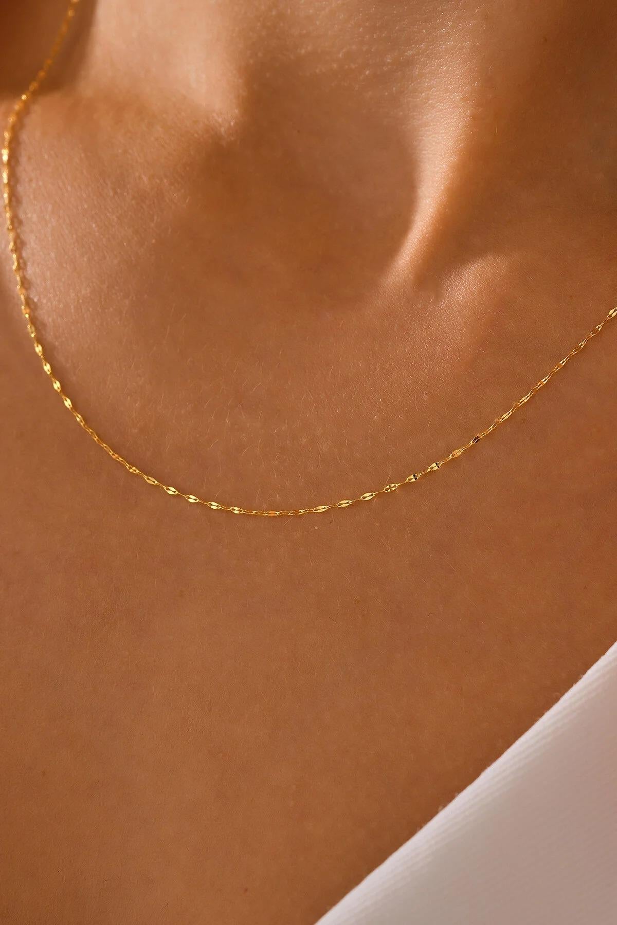 14K Gold Sequin Necklace, Sparkle Chain Necklace, 2mm 3mm 4mm Gold Glitter Necklace, Mirror Faceted Chain Necklace, Thin Chain Necklace