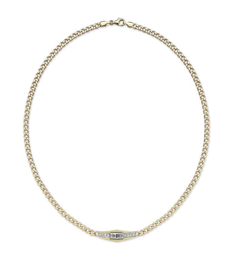 14K Gold Baguette Bar Necklace, Cuban Chain Modern Geometric Pendant, Minimalist Necklace, Dainty Everyday Jewelry, Luxury Gift for Her