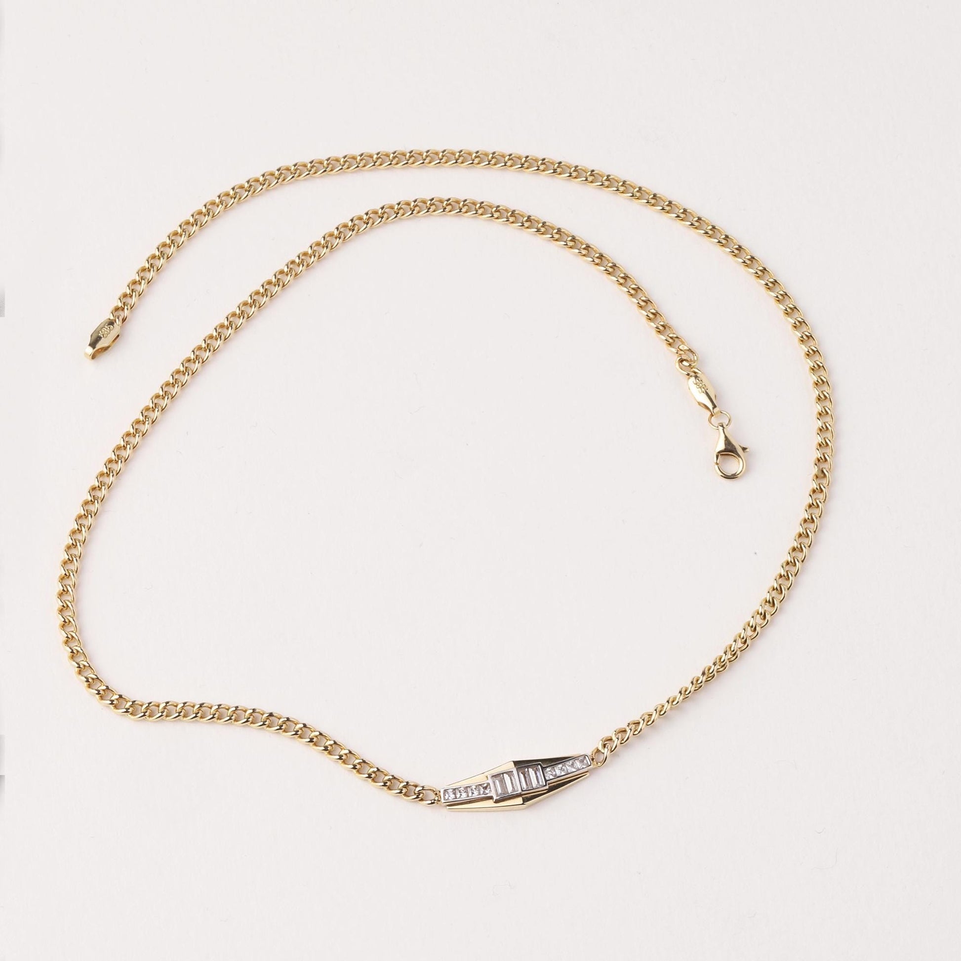 14K Gold Baguette Bar Necklace, Cuban Chain Modern Geometric Pendant, Minimalist Necklace, Dainty Everyday Jewelry, Luxury Gift for Her
