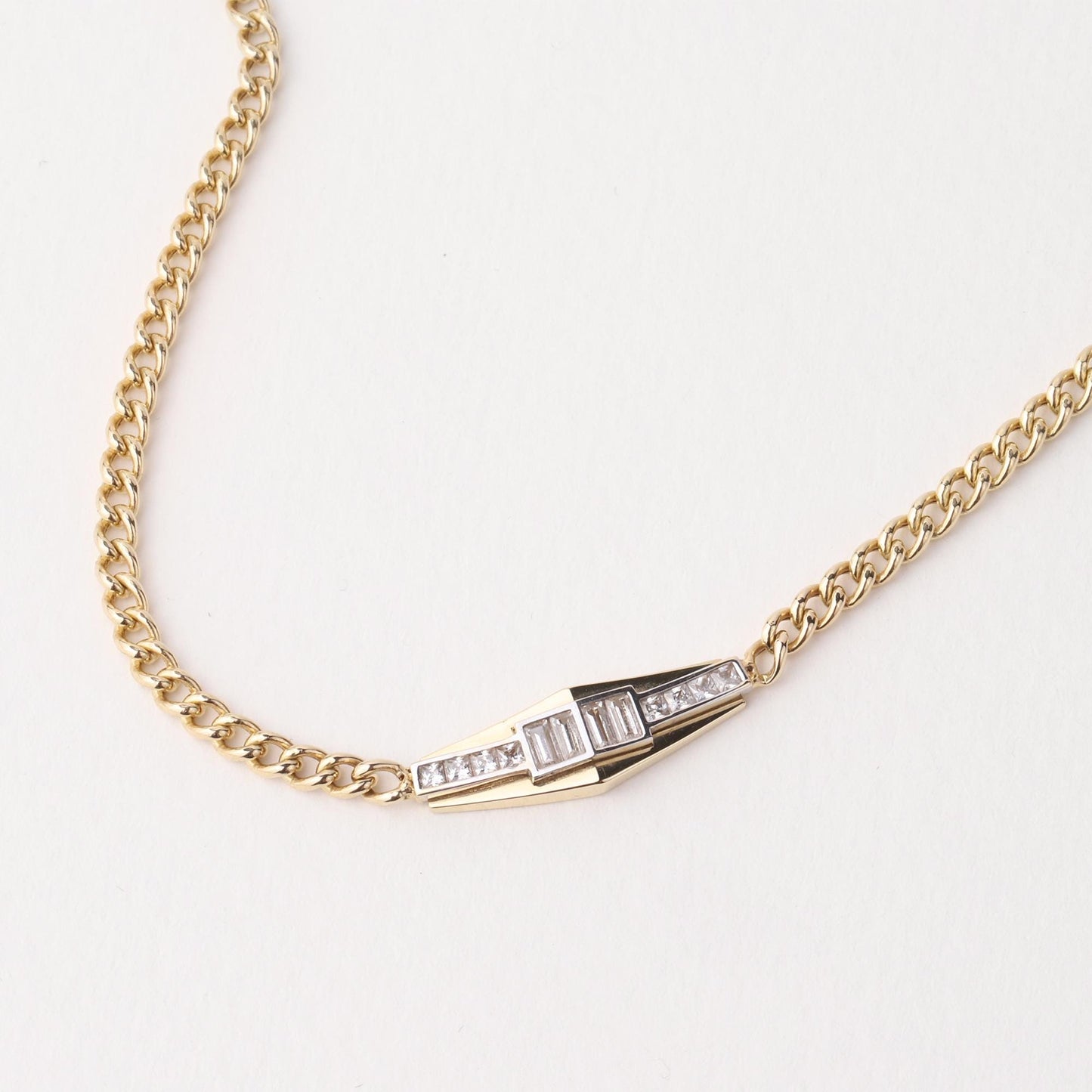 14K Gold Baguette Bar Necklace, Cuban Chain Modern Geometric Pendant, Minimalist Necklace, Dainty Everyday Jewelry, Luxury Gift for Her