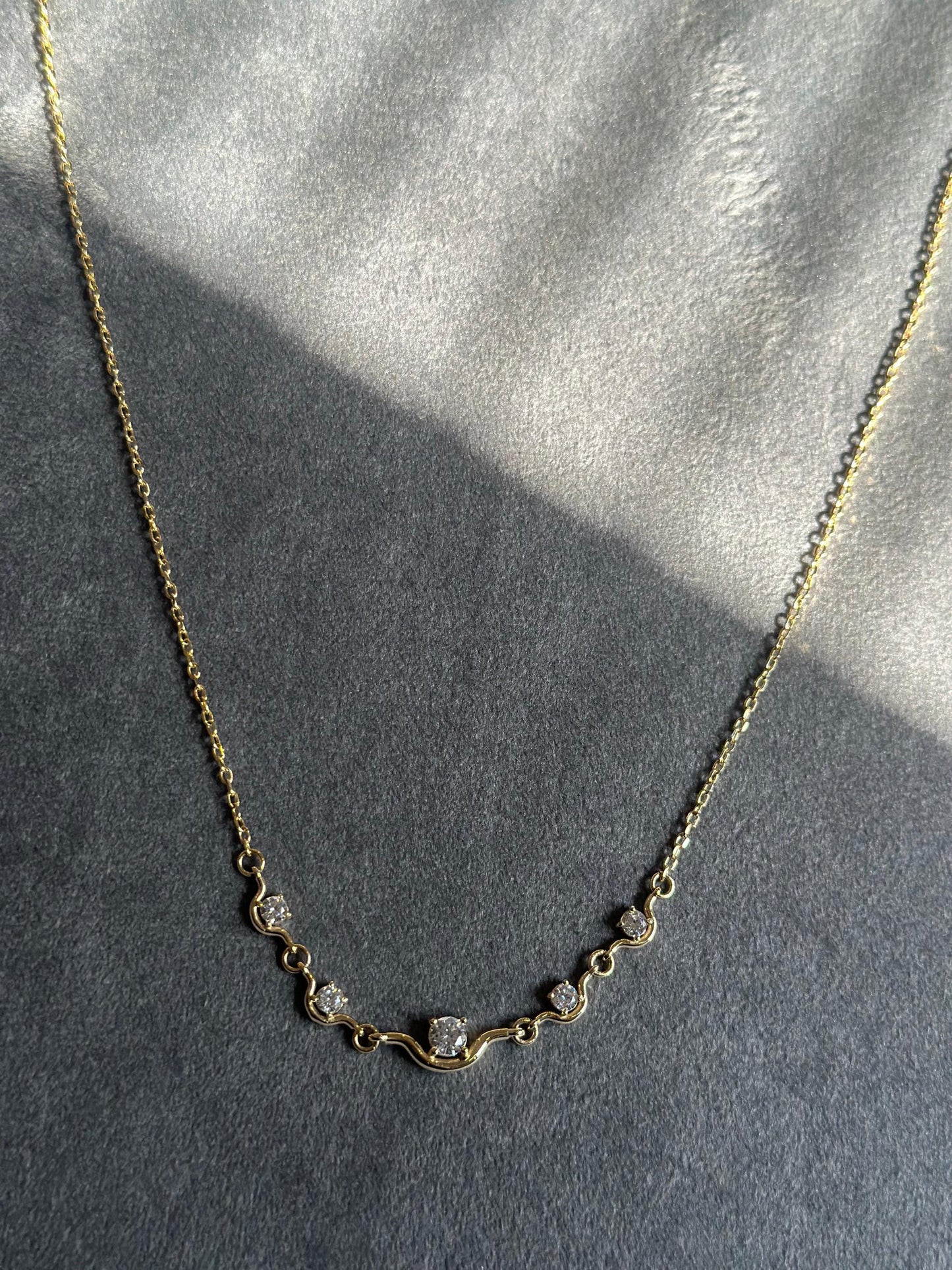 14K Gold Station Necklace, Dainty CZ Bar Necklace, Minimalist Gold Necklace, Curved Five Stone Pendant, Layering Necklace, Bridesmaid Gift