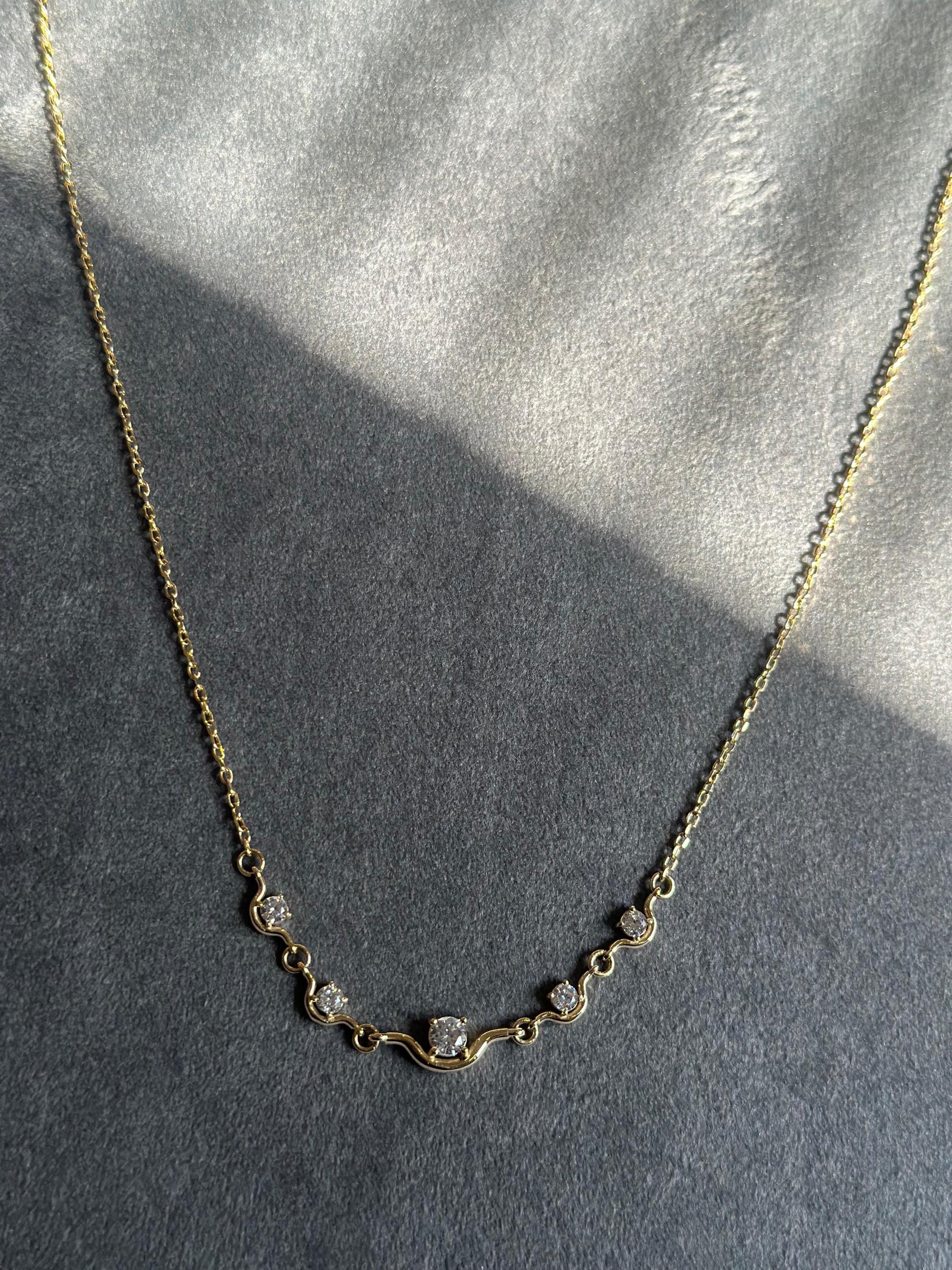 14K Gold Station Necklace, Dainty CZ Bar Necklace, Minimalist Gold Necklace, Curved Five Stone Pendant, Layering Necklace, Bridesmaid Gift