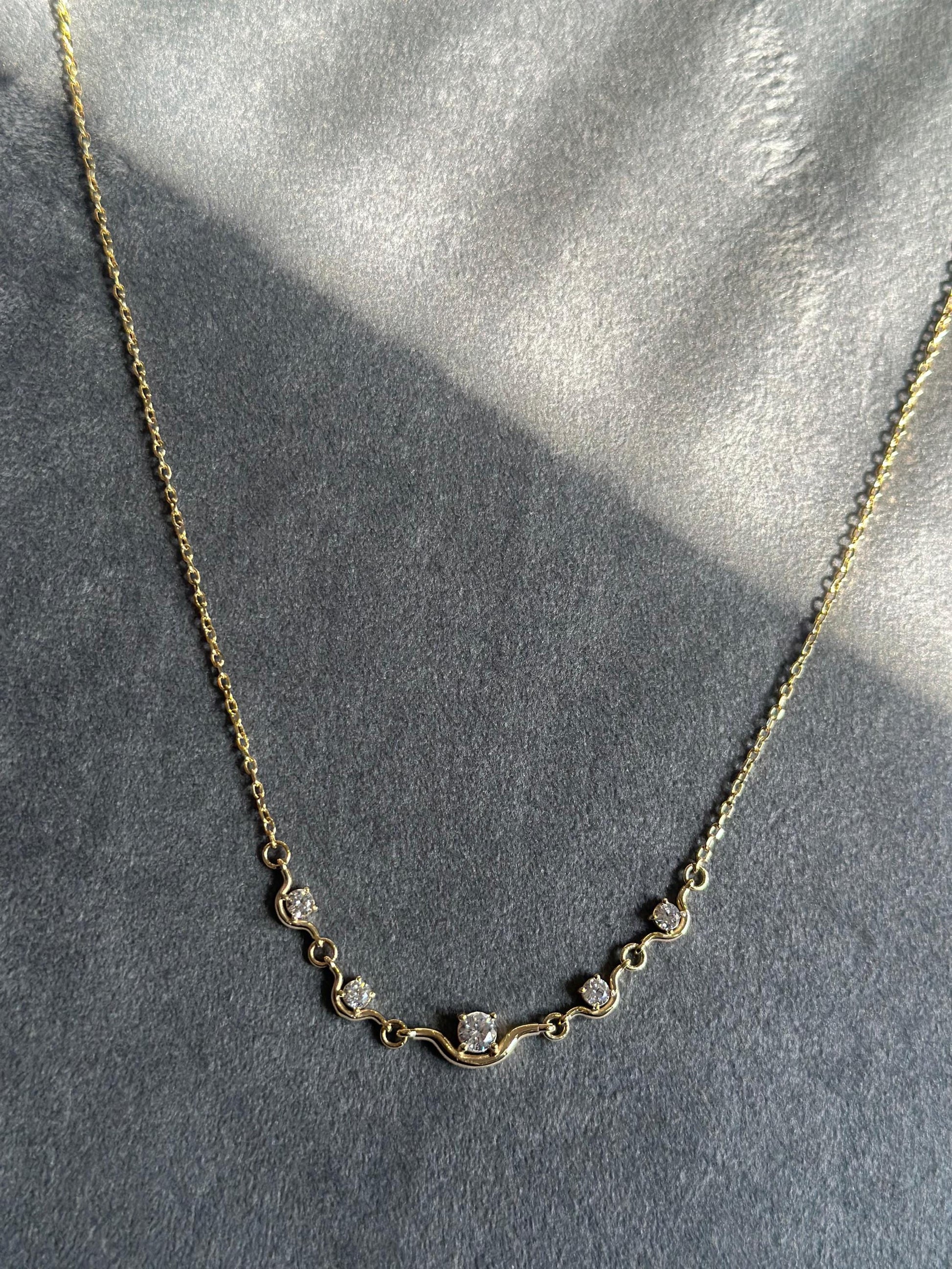 14K Gold Station Necklace, Dainty CZ Bar Necklace, Minimalist Gold Necklace, Curved Five Stone Pendant, Layering Necklace, Bridesmaid Gift