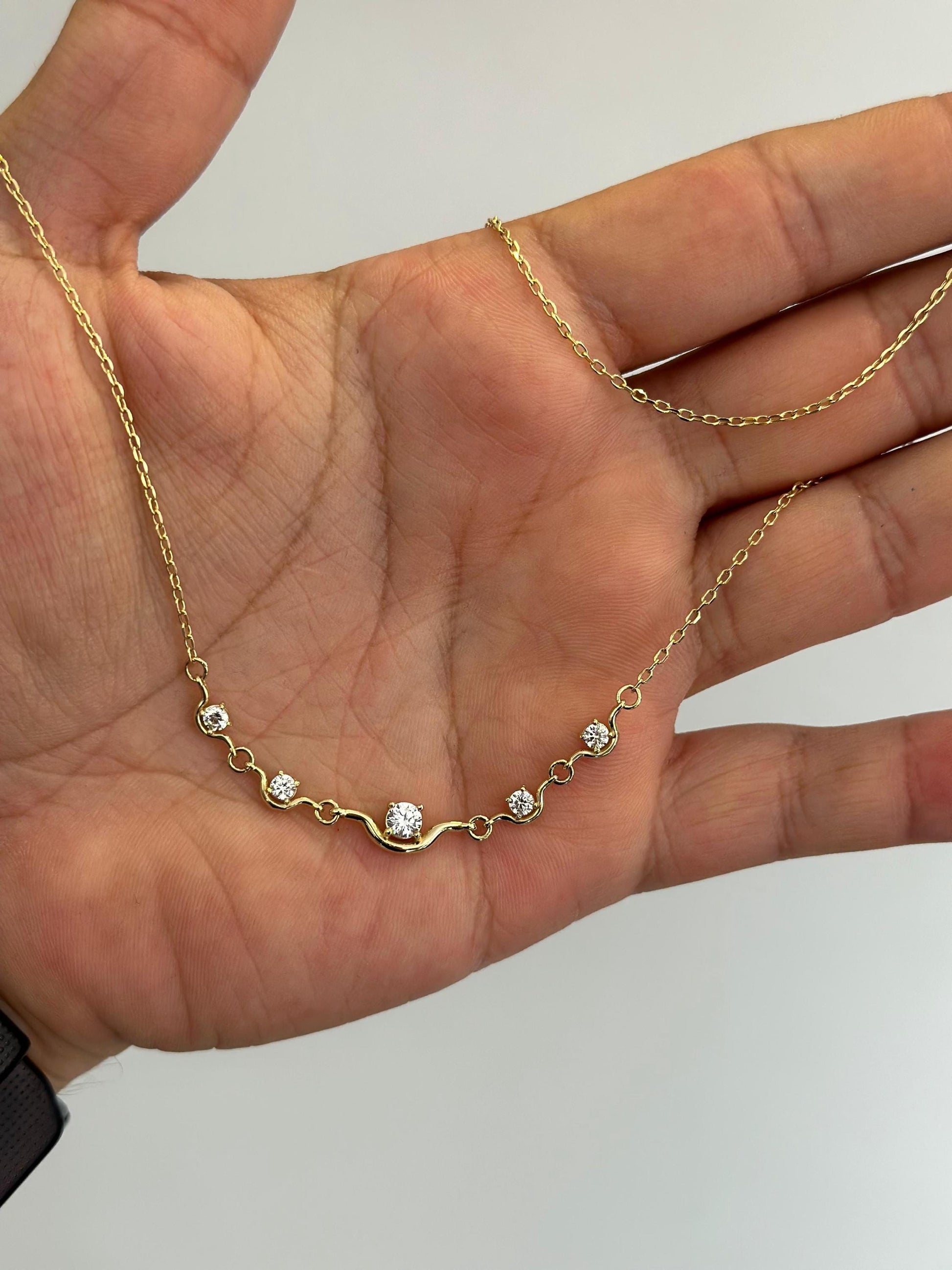 14K Gold Station Necklace, Dainty CZ Bar Necklace, Minimalist Gold Necklace, Curved Five Stone Pendant, Layering Necklace, Bridesmaid Gift